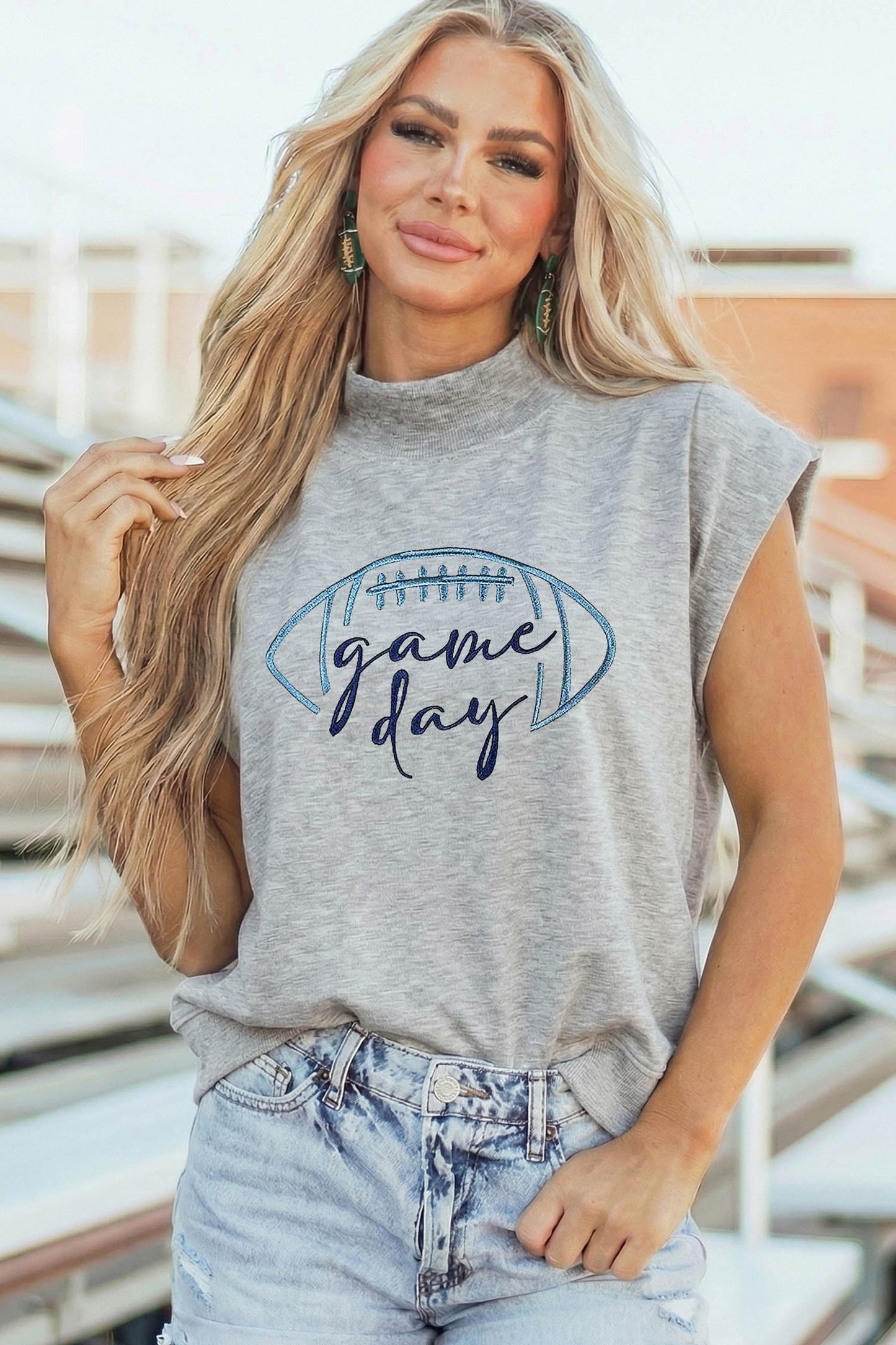Light Grey Embroidered Game Day Football High Neck Short Sleeve Top