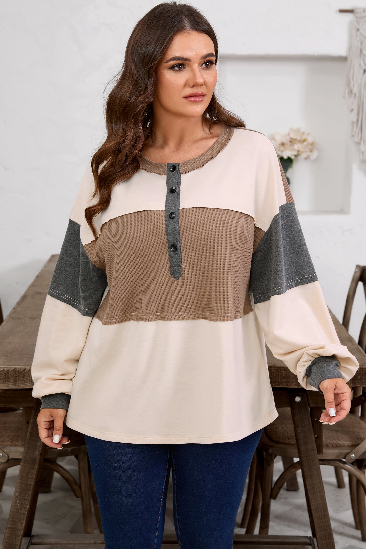 Jet Stream Waffle Patchwork Colorblock Half Buttons Casual Plus Size Knit Jumper-Plus Size/Plus Size Tops/Plus Size Long Sleeve Tops-[Adult]-[Female]-2022 Online Blue Zone Planet