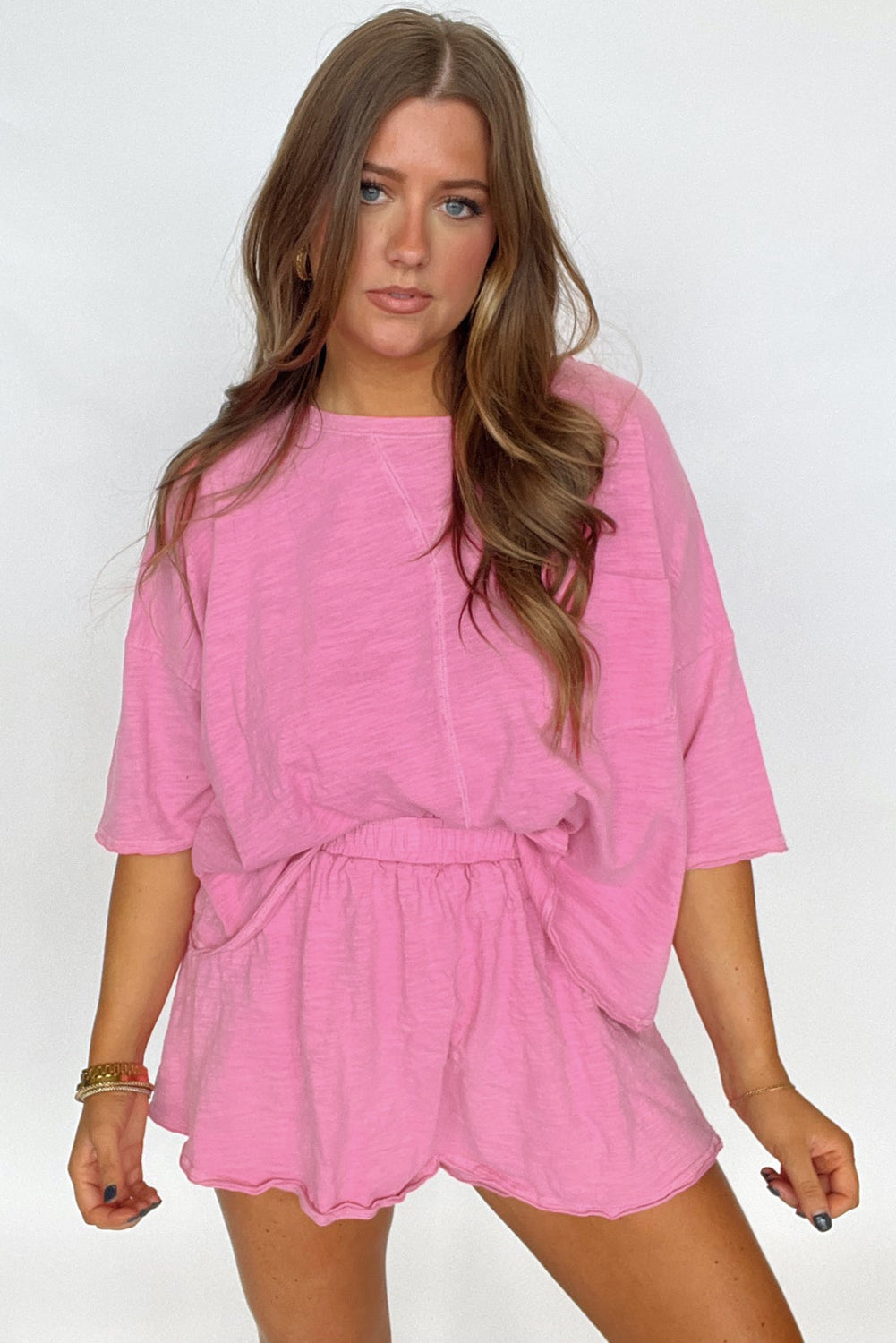 Sachet Pink Loose Fit Half Sleeve T Shirt and High Waist Skirt Set-Two Piece Sets/Two Piece Dresses-[Adult]-[Female]-2022 Online Blue Zone Planet