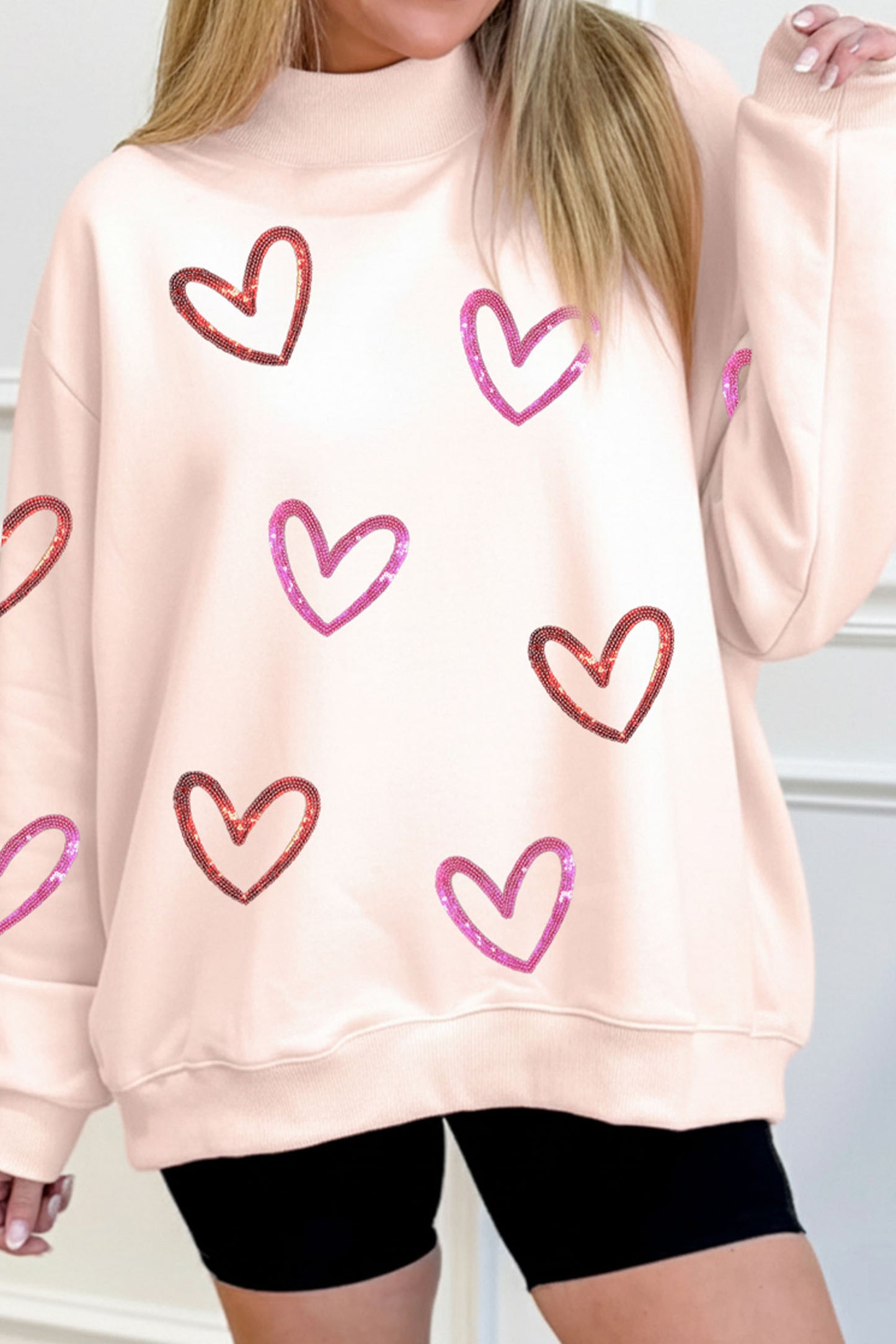 Apricot Pink Sequin Heart Sketch Patched Mock Neck Sweatshirt-Graphic Sweatshirts-[Adult]-[Female]-2022 Online Blue Zone Planet
