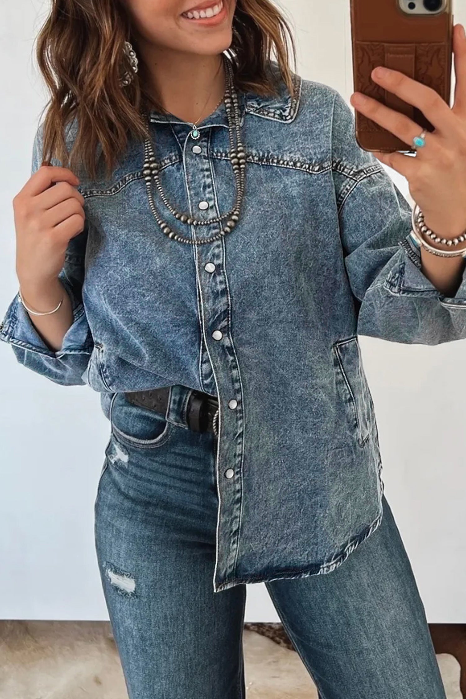 Dusk Blue Western Long Sleeve Shirt Collar Tunic Denim Jacket-Outerwear/Denim jackets-[Adult]-[Female]-Dusk Blue-S-2022 Online Blue Zone Planet