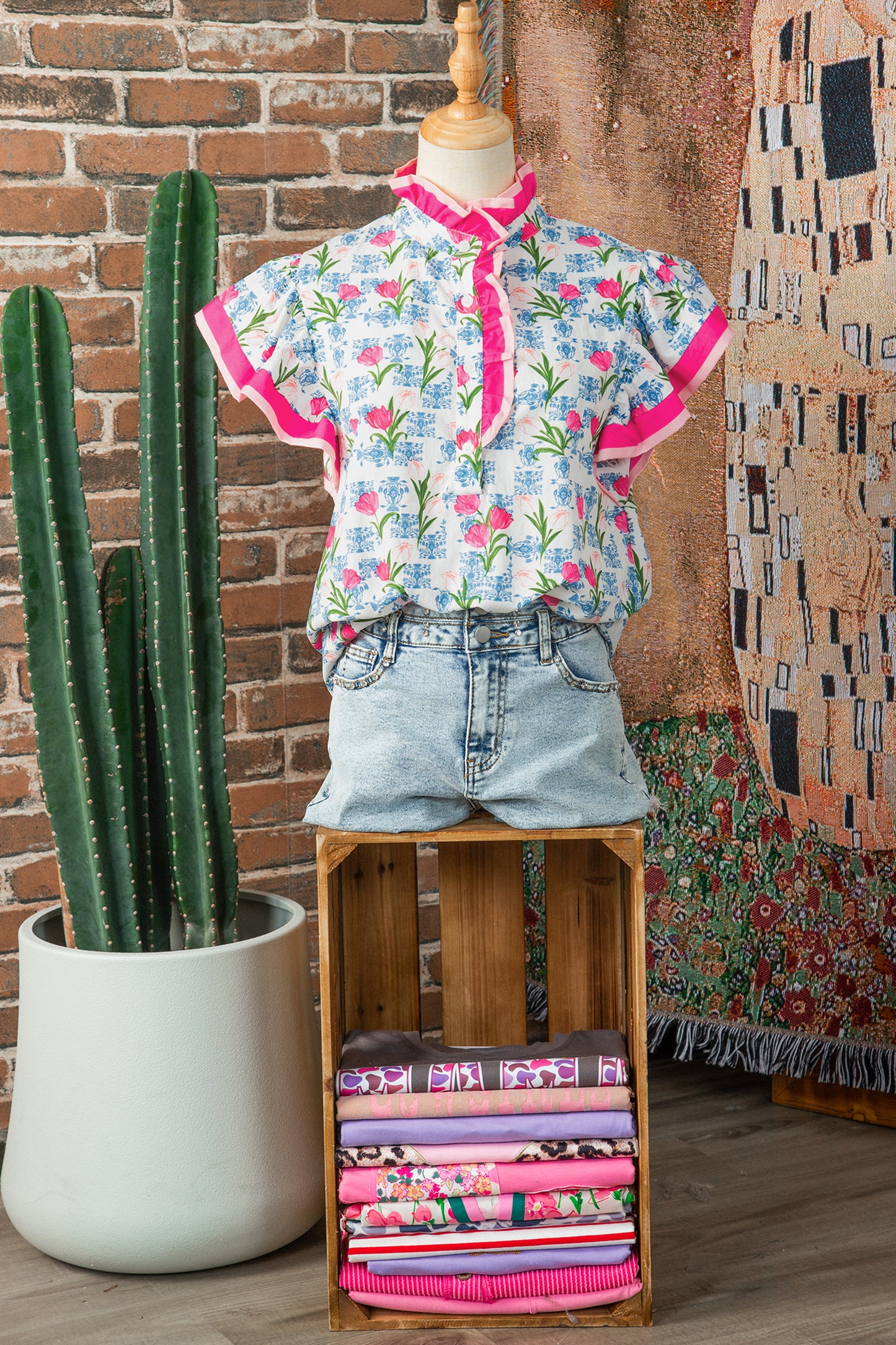 Rose Floral Print Color Block Striped Trim Flutter Sleeve Half Button Blouse-Tops/Blouses & Shirts-[Adult]-[Female]-2022 Online Blue Zone Planet