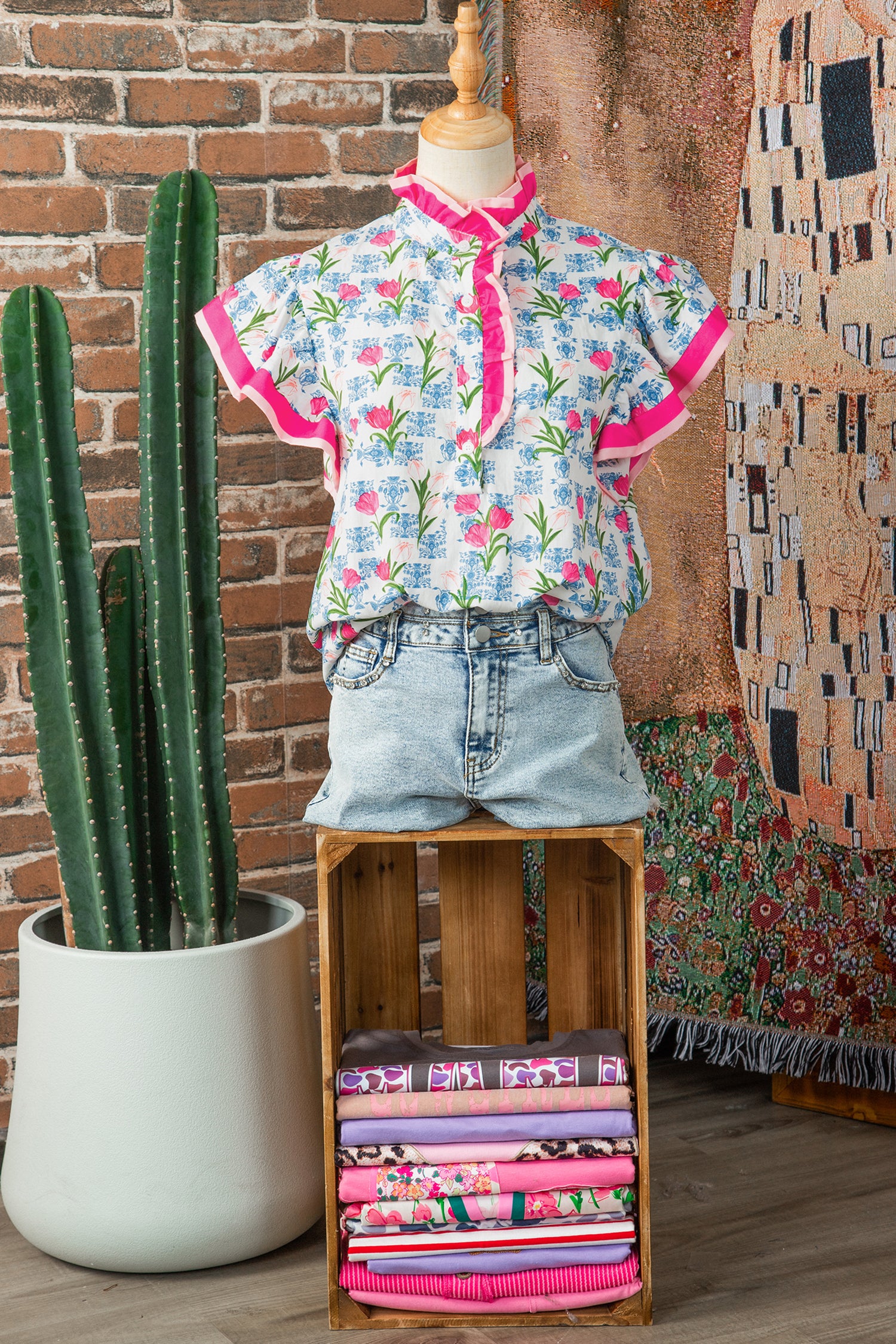 Rose Floral Print Color Block Striped Trim Flutter Sleeve Half Button Blouse-Tops/Blouses & Shirts-[Adult]-[Female]-2022 Online Blue Zone Planet