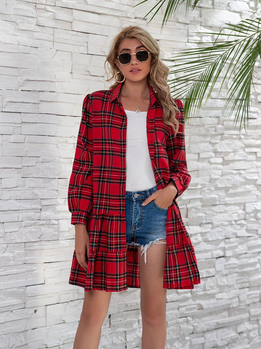 Ruffle Hem Plaid Button Down Long Sleeve Dress-TOPS / DRESSES-[Adult]-[Female]-Burgundy-S-2022 Online Blue Zone Planet