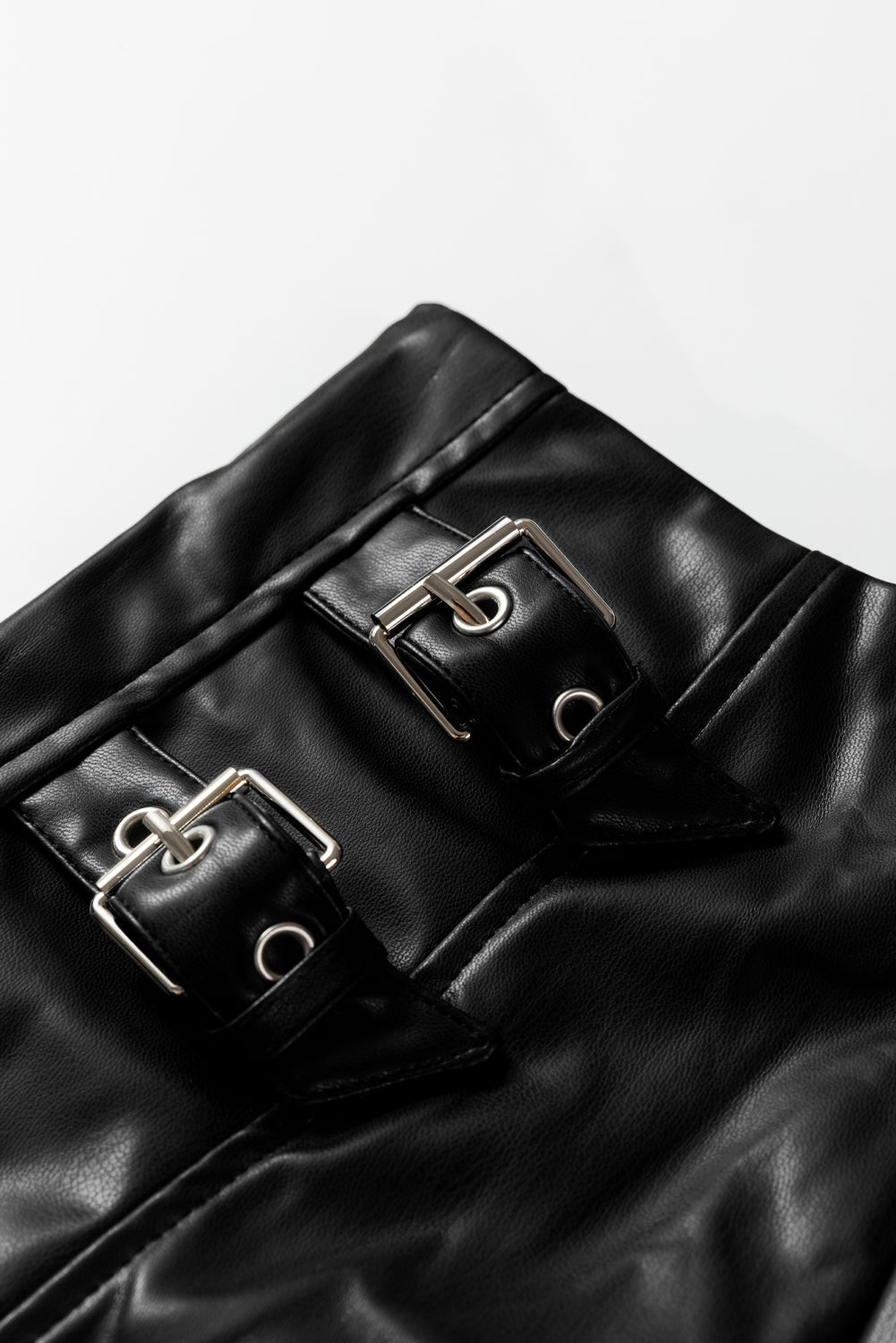 Black Faux Leather Retro Buckle Detail Pleated Stitch Flared Midi Skirt-Bottoms/Skirts & Petticoat-[Adult]-[Female]-2022 Online Blue Zone Planet