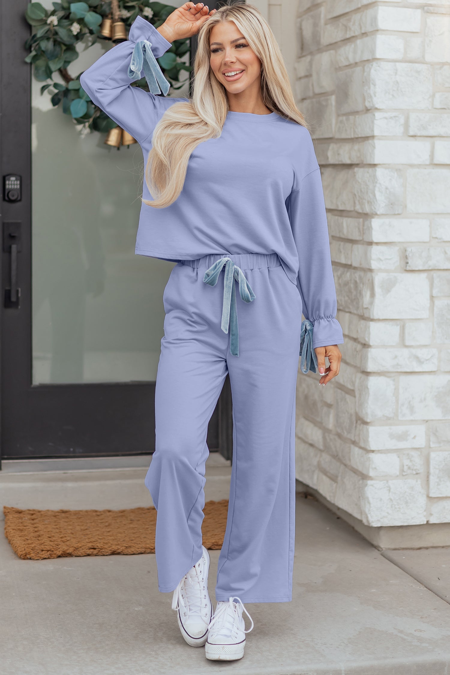 Beau Blue Flounce Long Sleeve Top Drawstring Pants Contrast Velvet Bow Knot 2pcs Lounge Set-Loungewear & Sleepwear/Loungewear-[Adult]-[Female]-2022 Online Blue Zone Planet