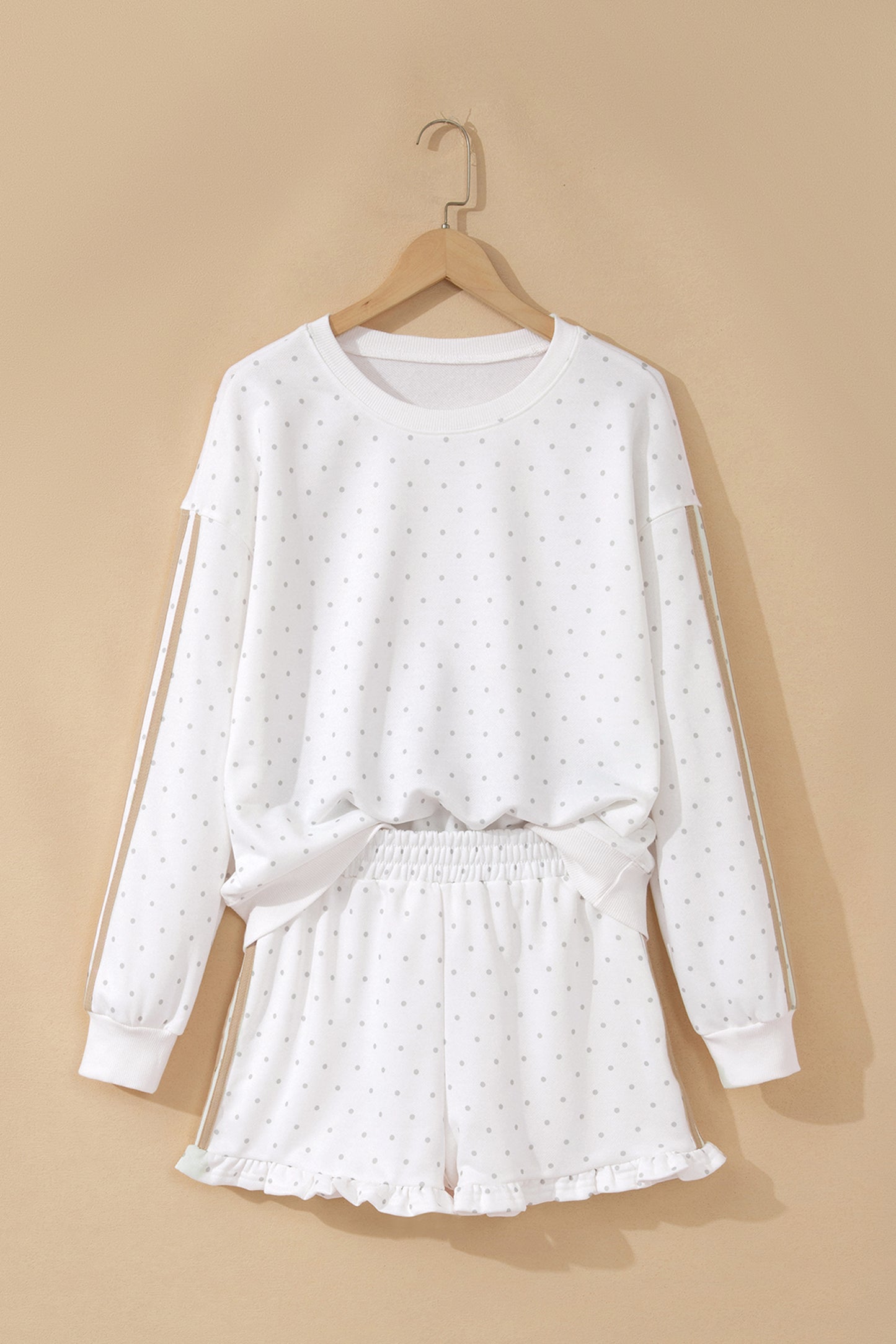 White Polka Dot Print Side Stripe Detail Casual Sweatshirt 2pcs Short Set-Two Piece Sets/Short Sets-[Adult]-[Female]-2022 Online Blue Zone Planet
