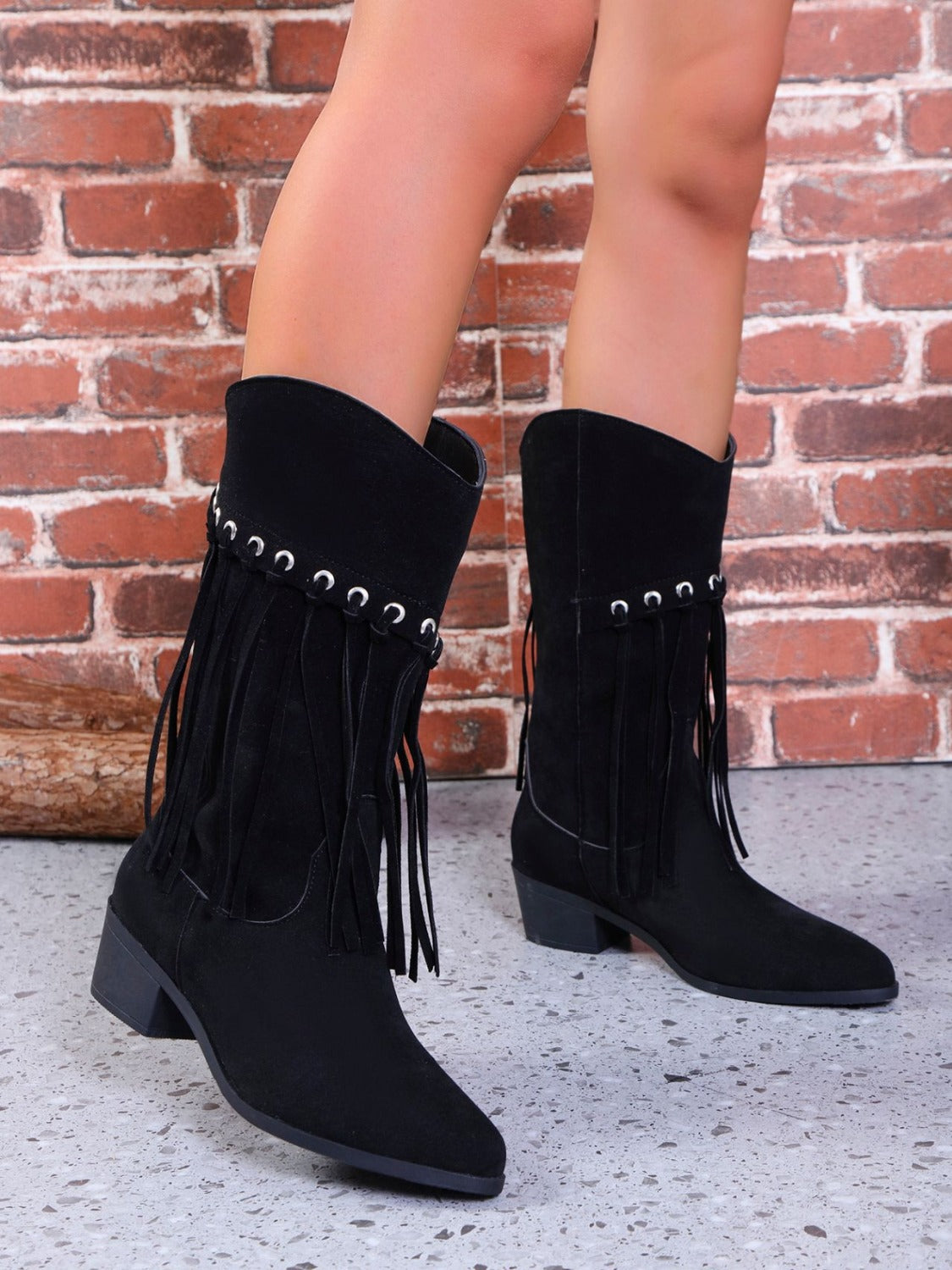 Fringe Suede Point Toe Block Heel Boots-COWBOY BOOTS-[Adult]-[Female]-2022 Online Blue Zone Planet