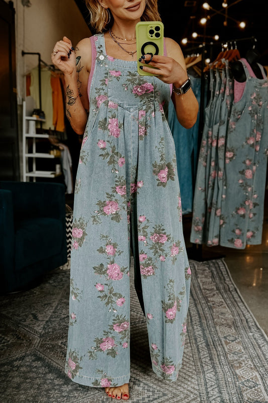Beau Blue Floral Print Pleated High Waist Wide Leg Denim Jumpsuit-Jumpsuits & Rompers-[Adult]-[Female]-Beau Blue-L-2022 Online Blue Zone Planet