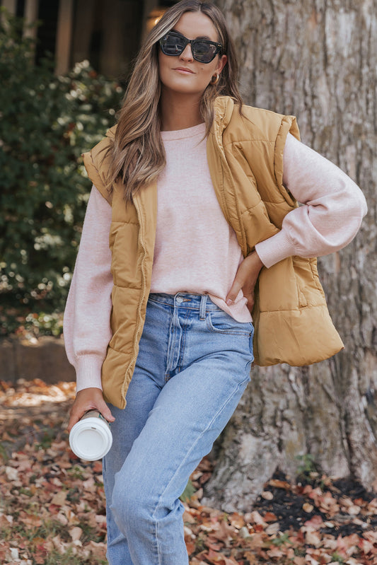 Khaki Oversized Stand Collar Zip Winter Vest-Outerwear/Vests-[Adult]-[Female]-Khaki-S-2022 Online Blue Zone Planet