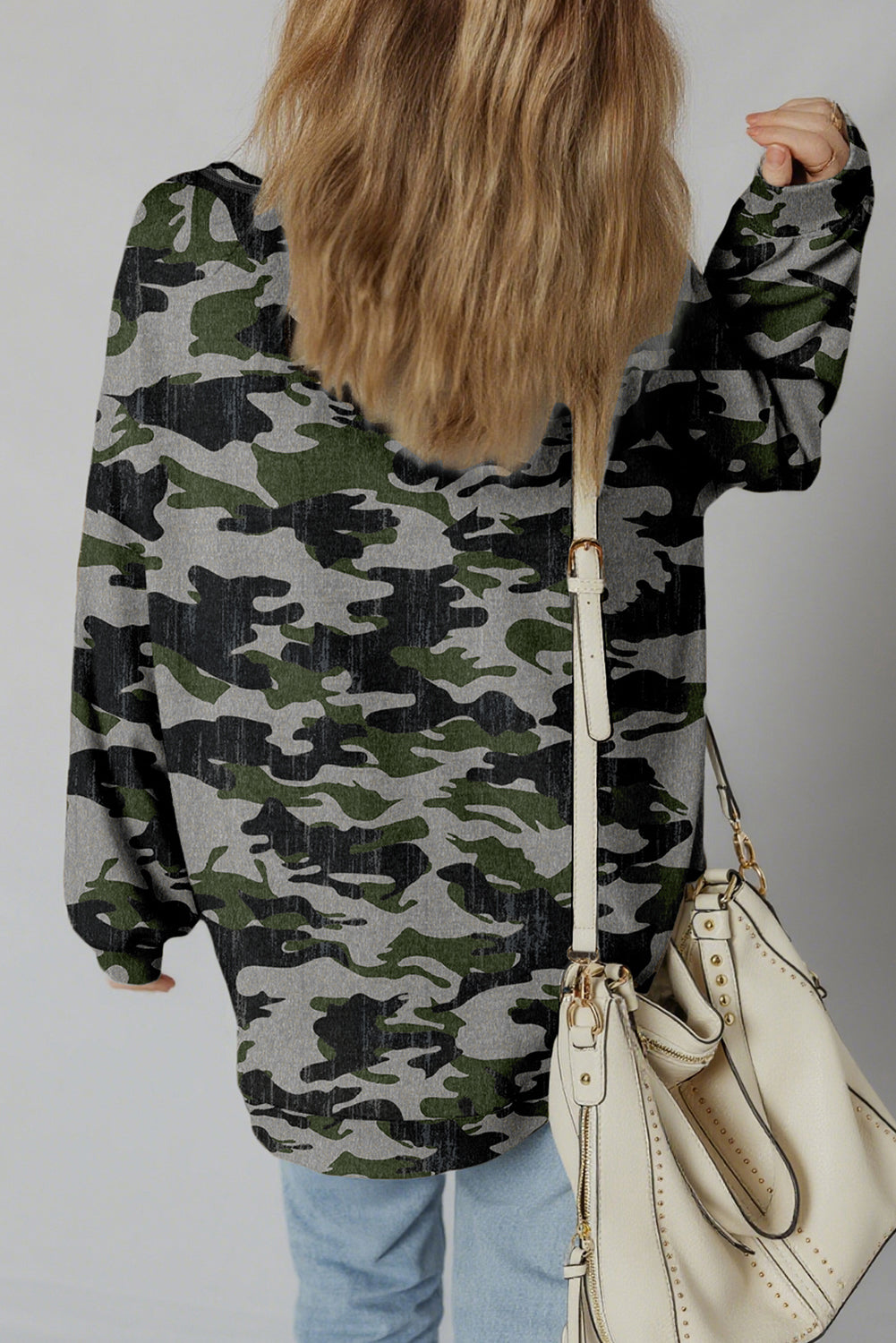 Green Retro Camouflage Print Exposed Seam Patchwork Drop Shoulder Sweatshirt-Tops/Sweatshirts & Hoodies-[Adult]-[Female]-2022 Online Blue Zone Planet