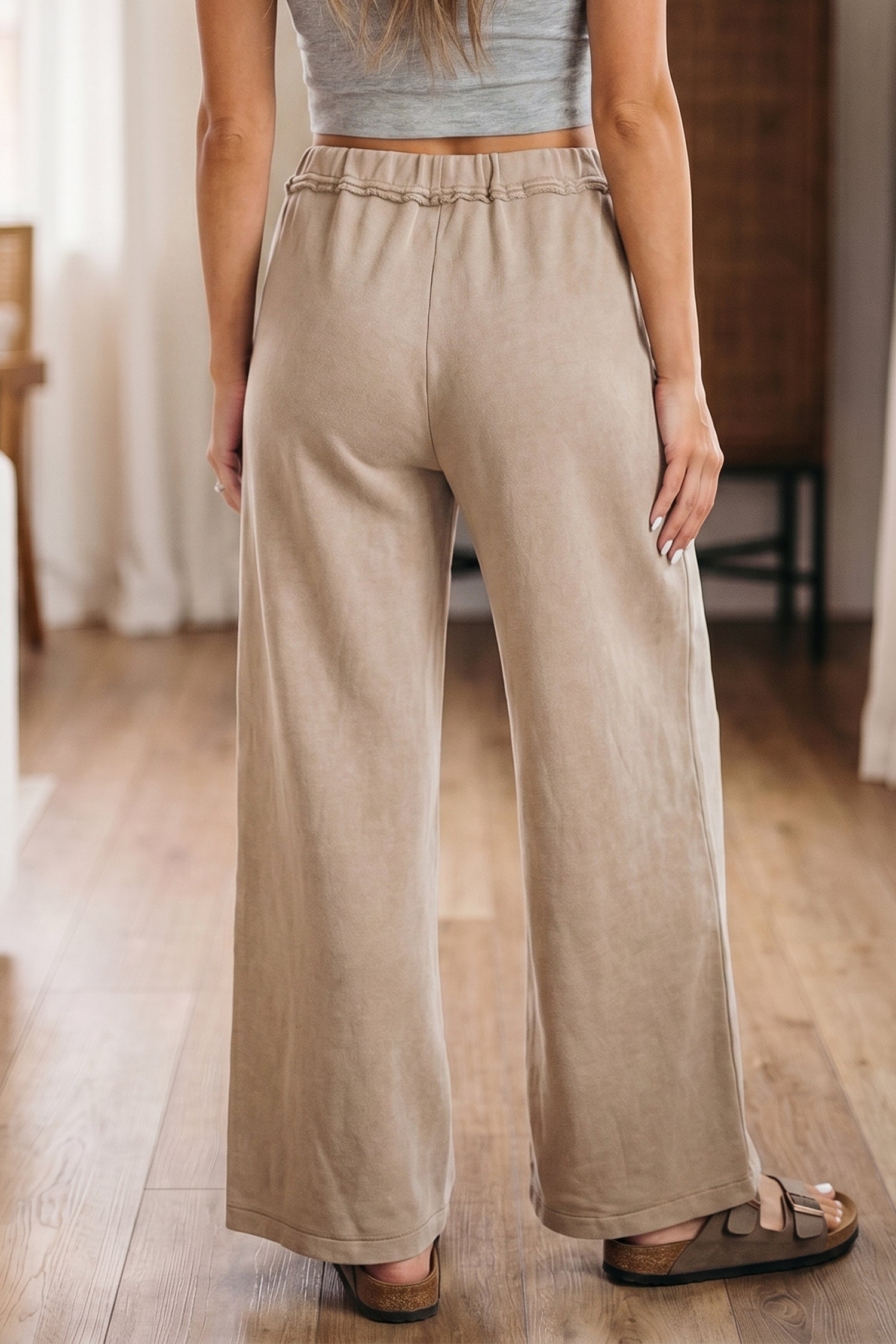 Smoke Gray Mineral Wash Drawstring Retro High Waist Wide Leg Western Pants-Bottoms/Pants & Culotte-[Adult]-[Female]-2022 Online Blue Zone Planet