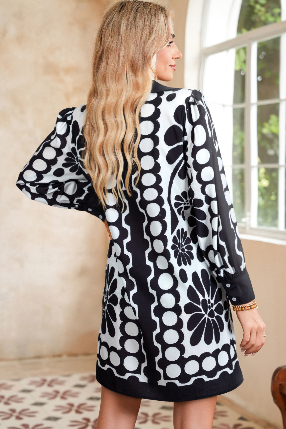 Black Abstract Print V Neck Puff Sleeve Mini Dress-Short Dresses-[Adult]-[Female]-2022 Online Blue Zone Planet