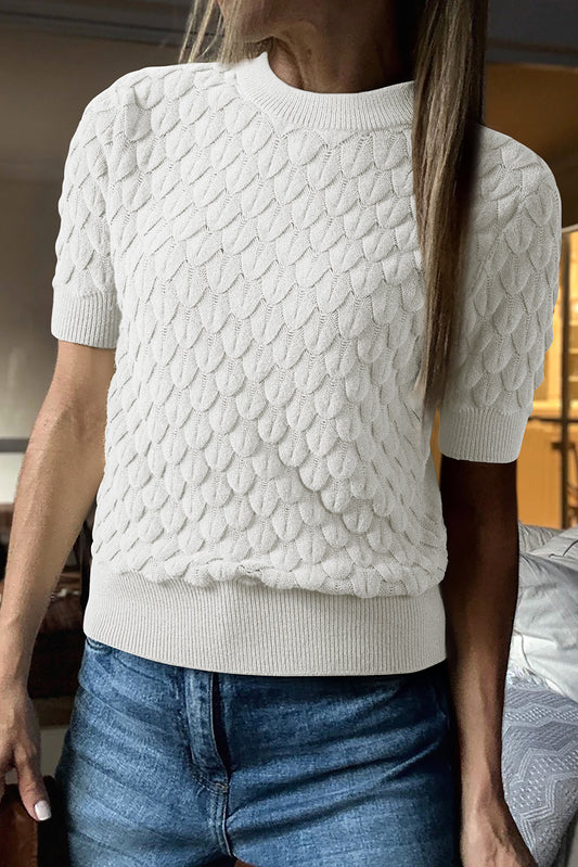 White Fish Scale Textured Knit Ribbed High Neck Short Sleeve Sweater-TOPS / DRESSES-[Adult]-[Female]-White-S-2022 Online Blue Zone Planet
