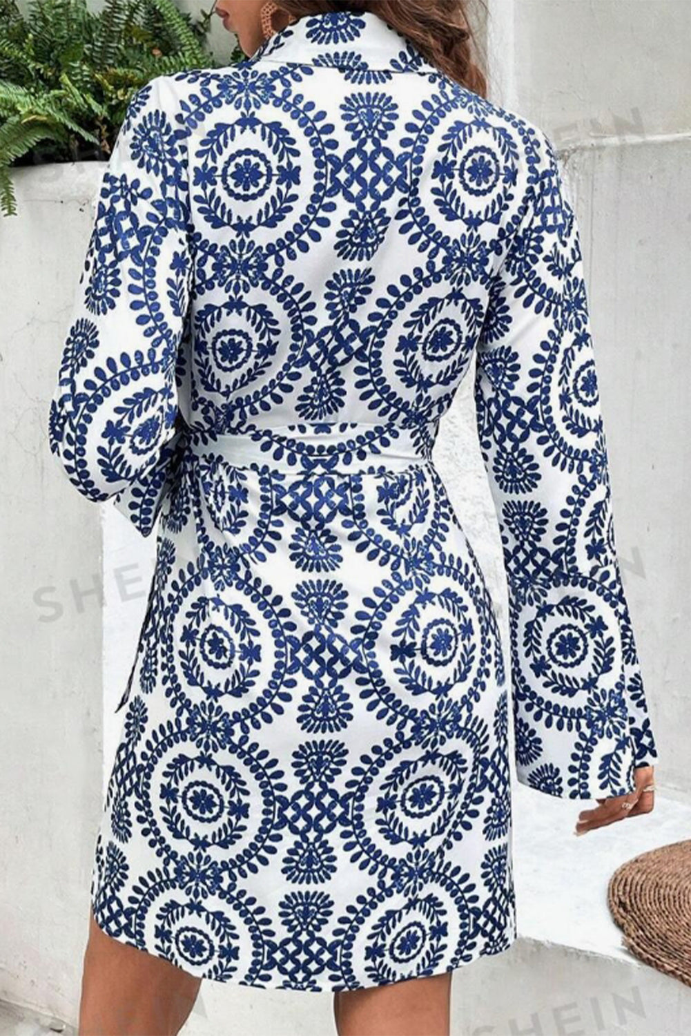 Blue Floral Print V Neck Wrapped Knot Long Sleeve Dress-Dresses/Floral Dresses-[Adult]-[Female]-2022 Online Blue Zone Planet