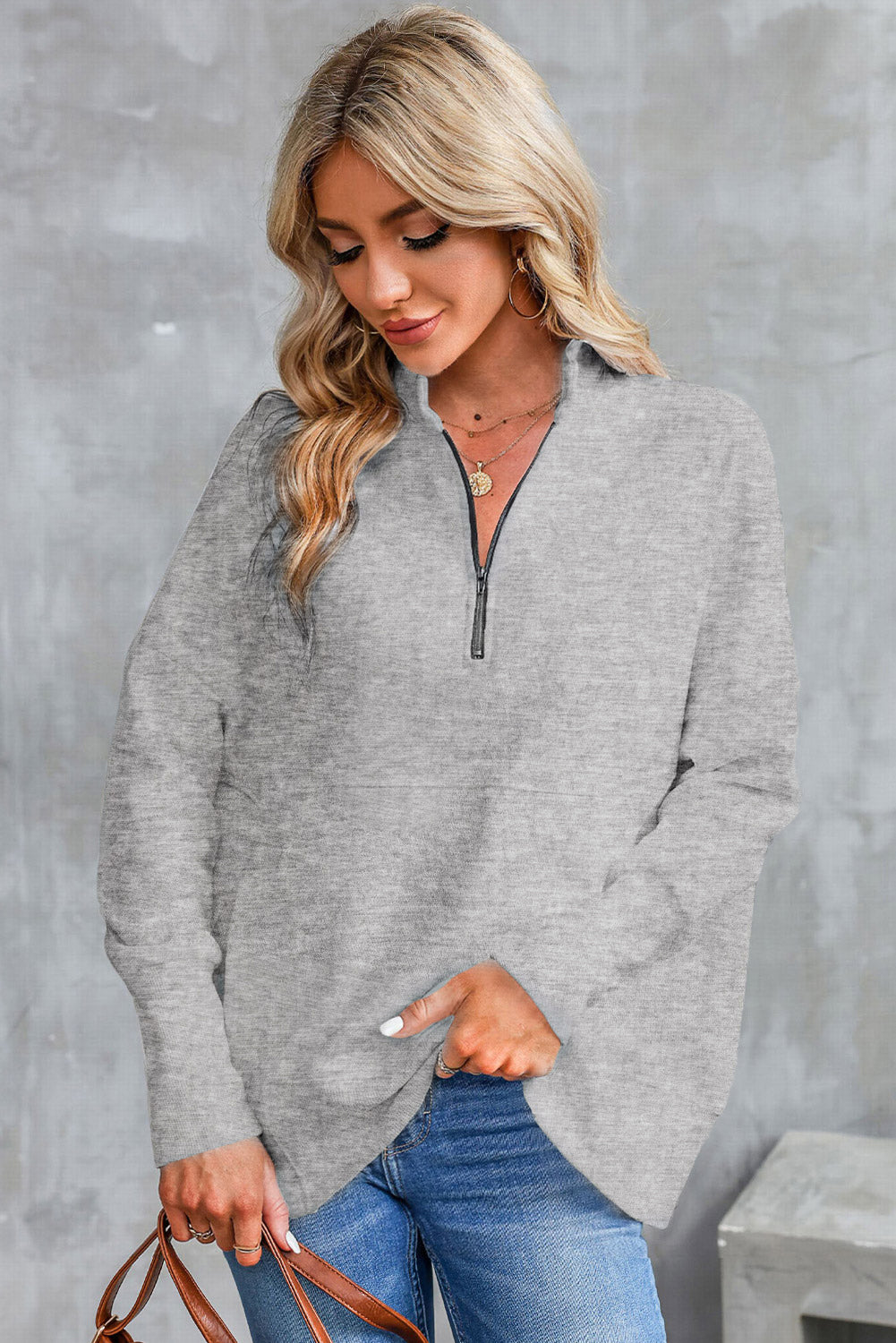 Half Zip Pocketed Dropped Shoulder Sweatshirt-TOPS / DRESSES-[Adult]-[Female]-2022 Online Blue Zone Planet