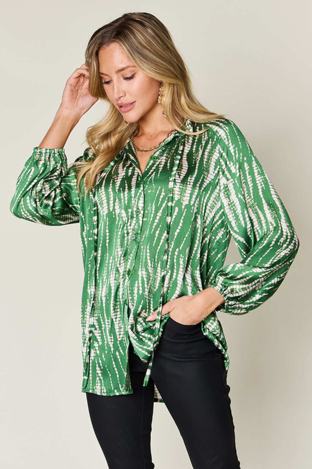 Double Take Full Size Printed Button Up Long Sleeve Shirt-TOPS / DRESSES-[Adult]-[Female]-2022 Online Blue Zone Planet