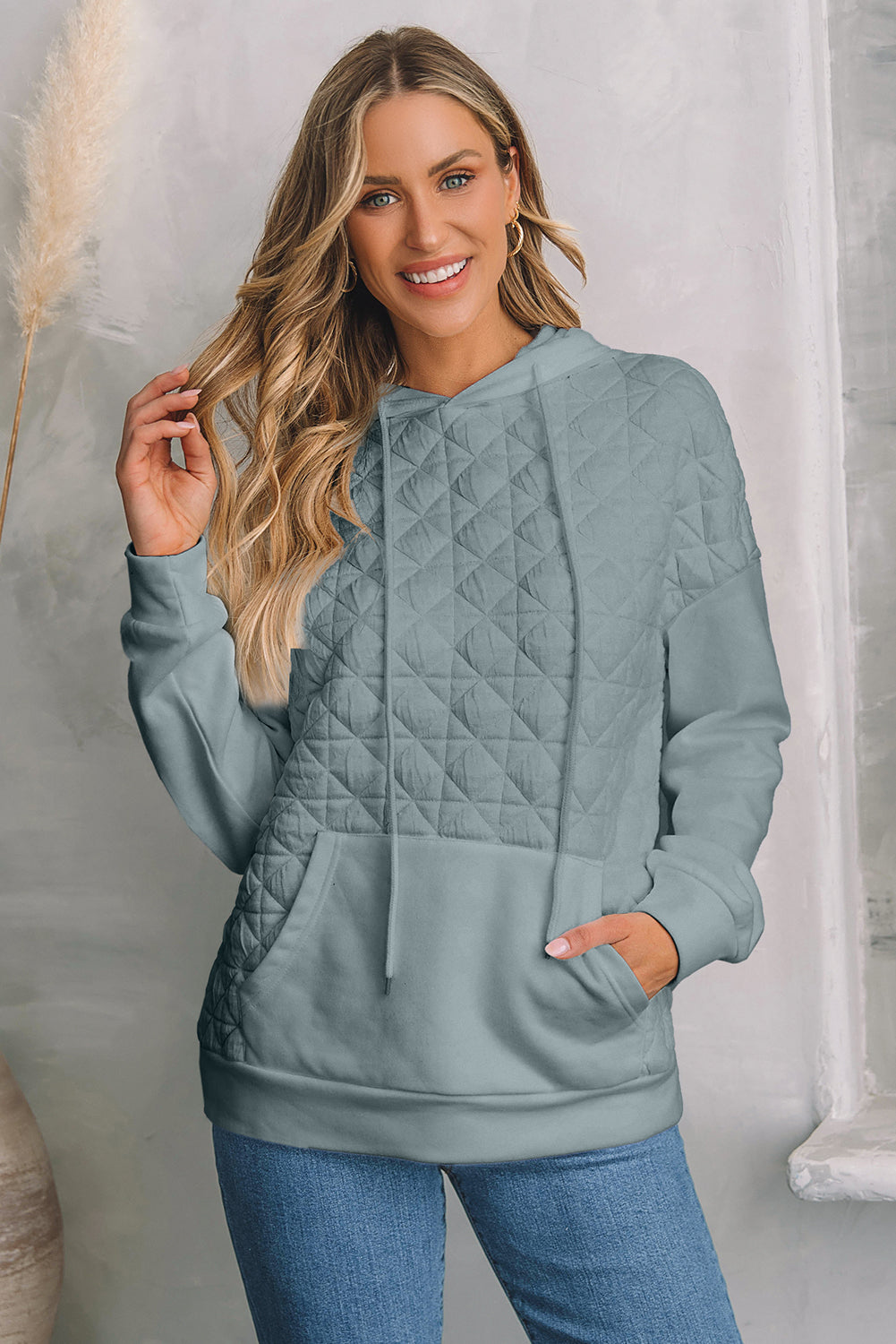 Light Grey Drop Shoulder Quilted Patchwork Kangaroo Pocket Hoodie-Tops/Sweatshirts & Hoodies-[Adult]-[Female]-2022 Online Blue Zone Planet