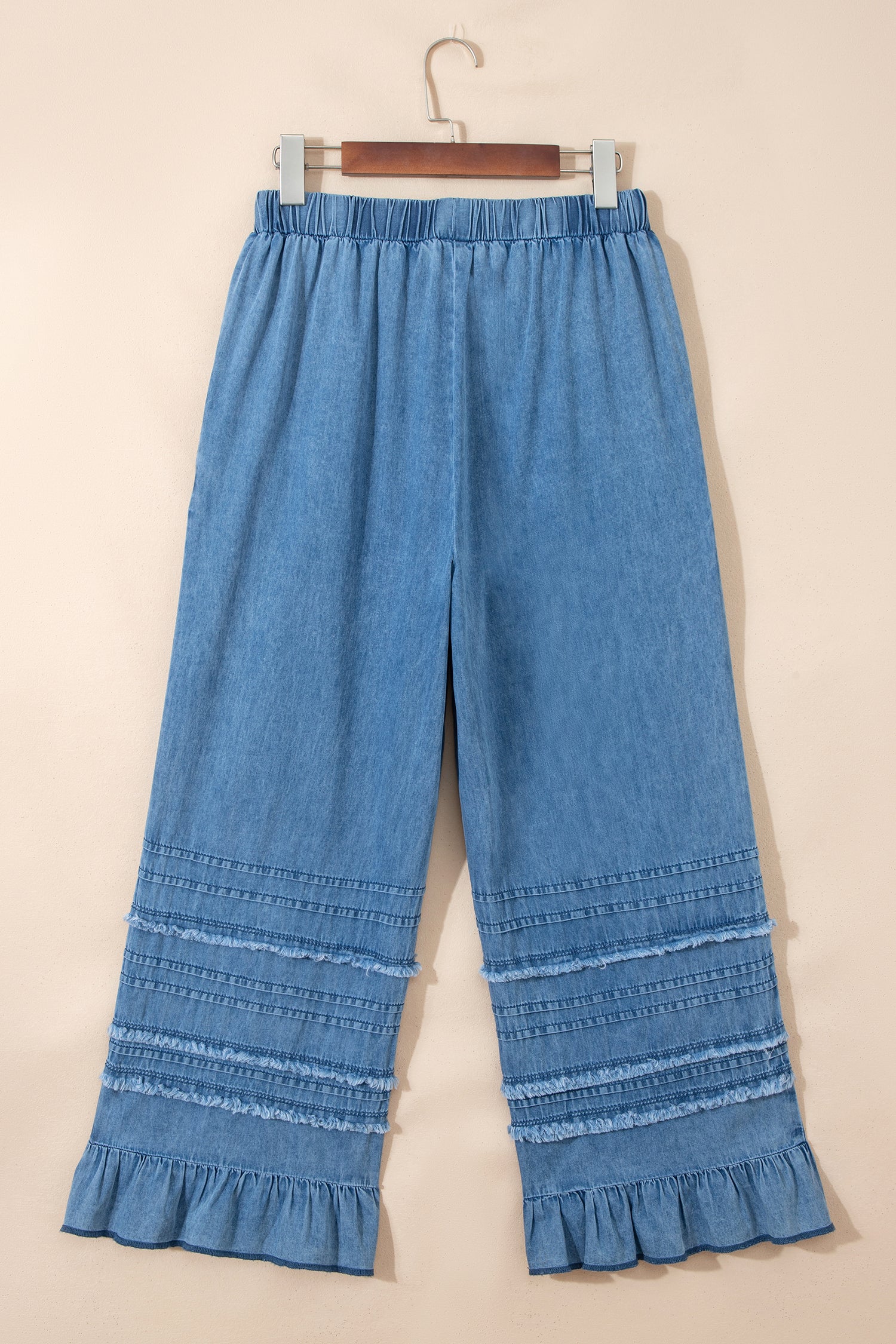 Dusk Blue Ruffled Hem Wide Leg Chambray Pants-Bottoms/Pants & Culotte-[Adult]-[Female]-2022 Online Blue Zone Planet