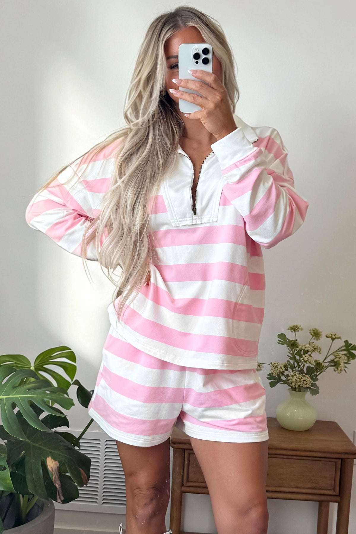 Pink Stripe Patchwork Zipper Pullover Elastic Waist Shorts 2pcs Set-Two Piece Sets/Short Sets-[Adult]-[Female]-2022 Online Blue Zone Planet