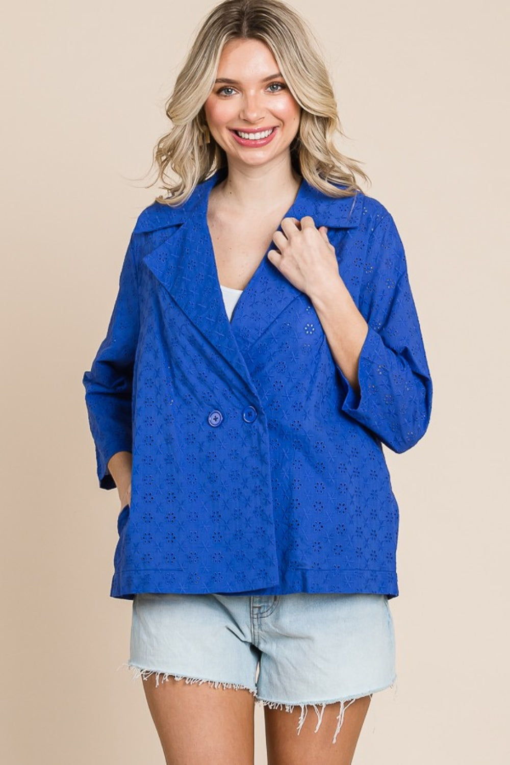 Blue Zone Planet | Culture Code Double Breasted Eyelet Jacket with Pockets-TOPS / DRESSES-[Adult]-[Female]-2022 Online Blue Zone Planet