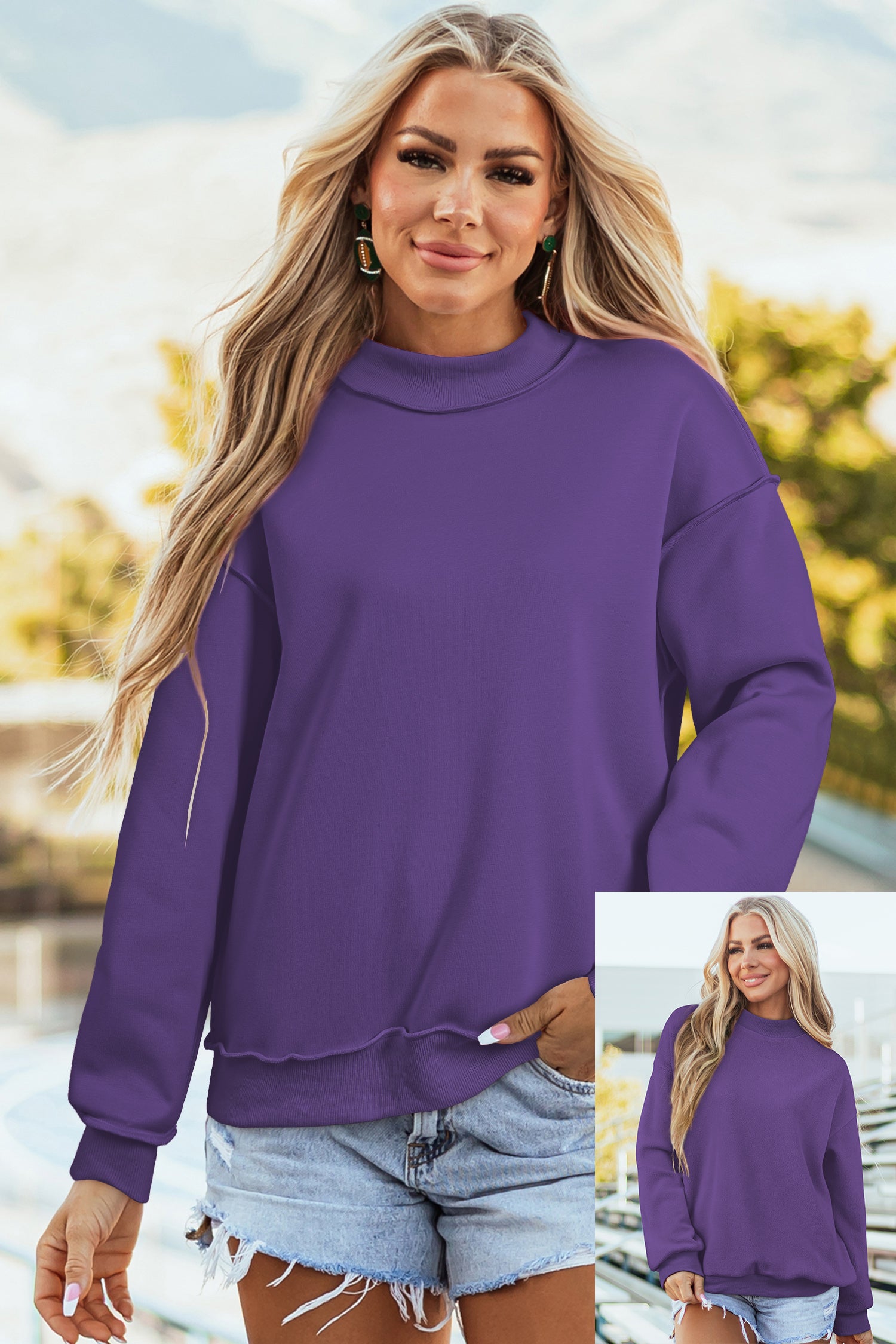 Tillandsia Purple Oversize Drop Shoulder Reversible Mock Neck Sweatshirt-Tops/Sweatshirts & Hoodies-[Adult]-[Female]-Tillandsia Purple-S-2022 Online Blue Zone Planet