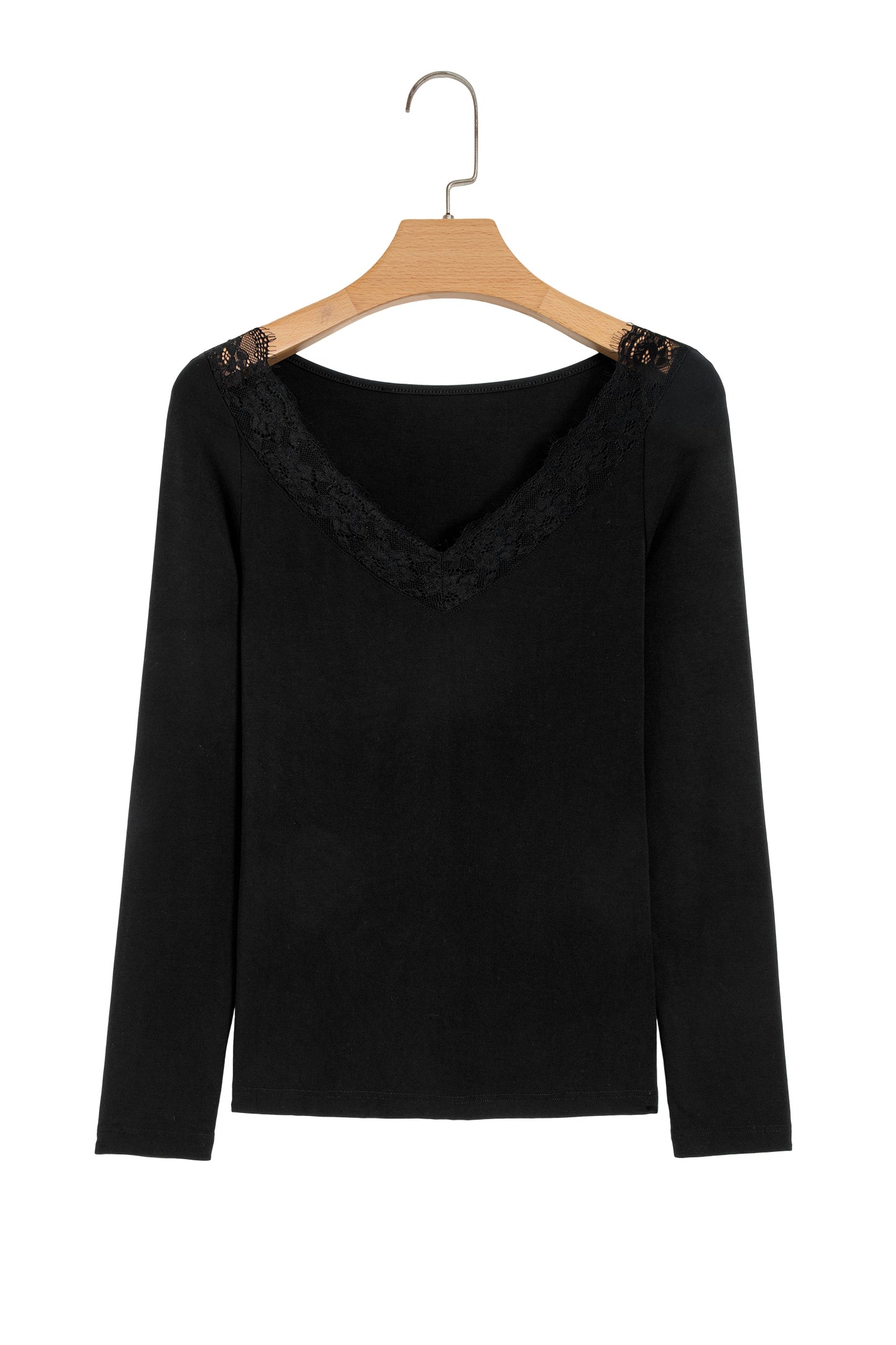Black Lace Trim Elegant Neckline Long Sleeve Slim Top-Tops/Long Sleeve Tops-[Adult]-[Female]-2022 Online Blue Zone Planet