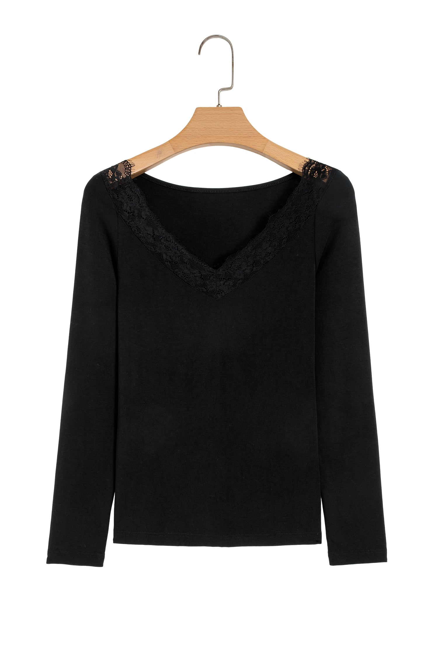 Black Lace Trim Elegant Neckline Long Sleeve Slim Top-Tops/Long Sleeve Tops-[Adult]-[Female]-2022 Online Blue Zone Planet