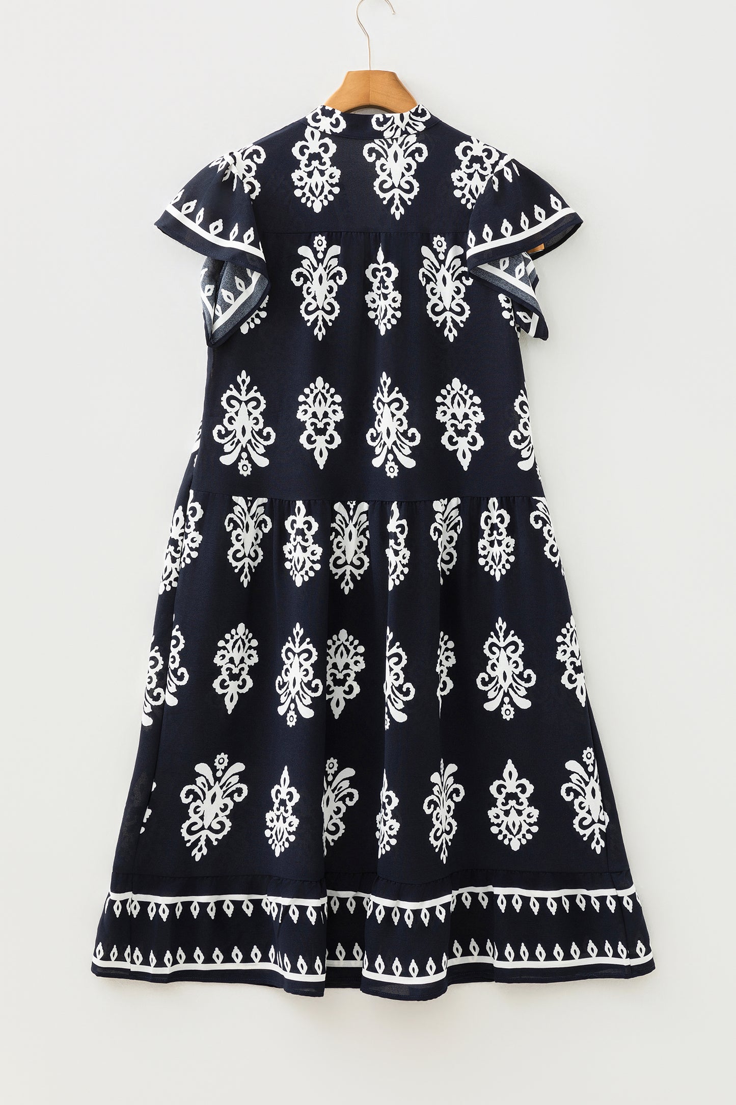 Blue Western Ethnic Print Notched Neck Short Sleeve Midi Dress-TOPS / DRESSES-[Adult]-[Female]-2022 Online Blue Zone Planet