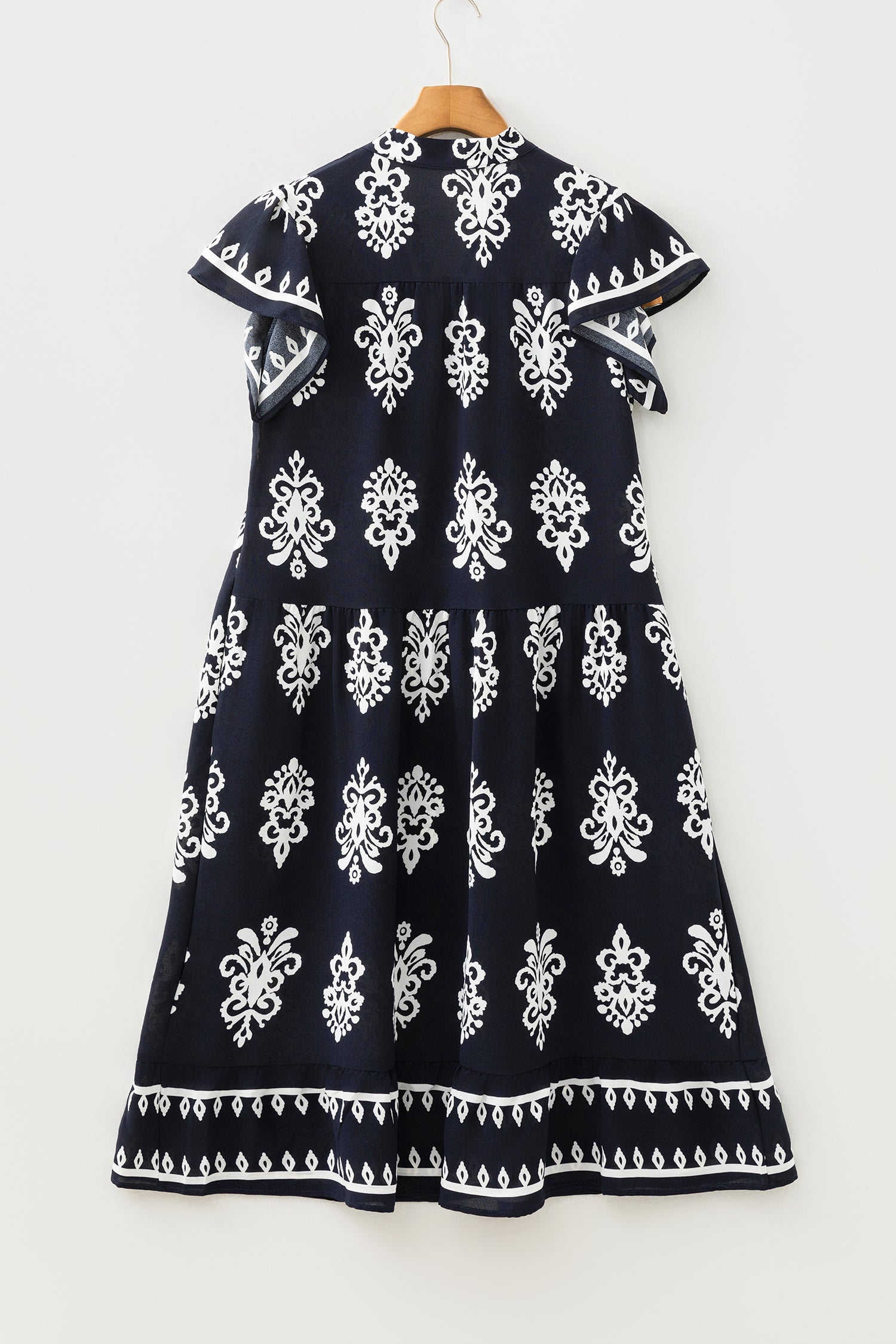 Blue Western Ethnic Print Notched Neck Short Sleeve Midi Dress-TOPS / DRESSES-[Adult]-[Female]-2022 Online Blue Zone Planet