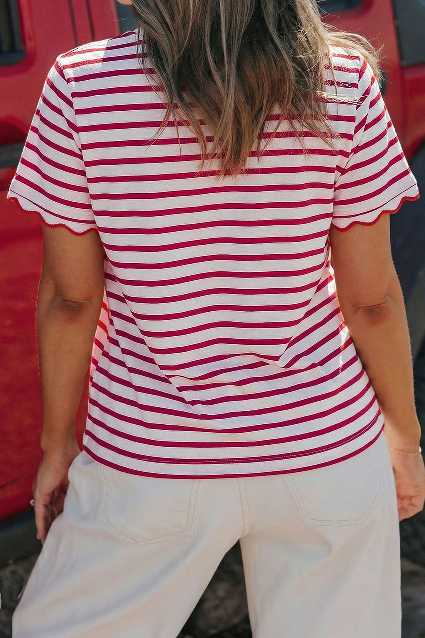 Red Stripe Scalloped Trim Round Neck T Shirt-Tops/Tops & Tees-[Adult]-[Female]-2022 Online Blue Zone Planet