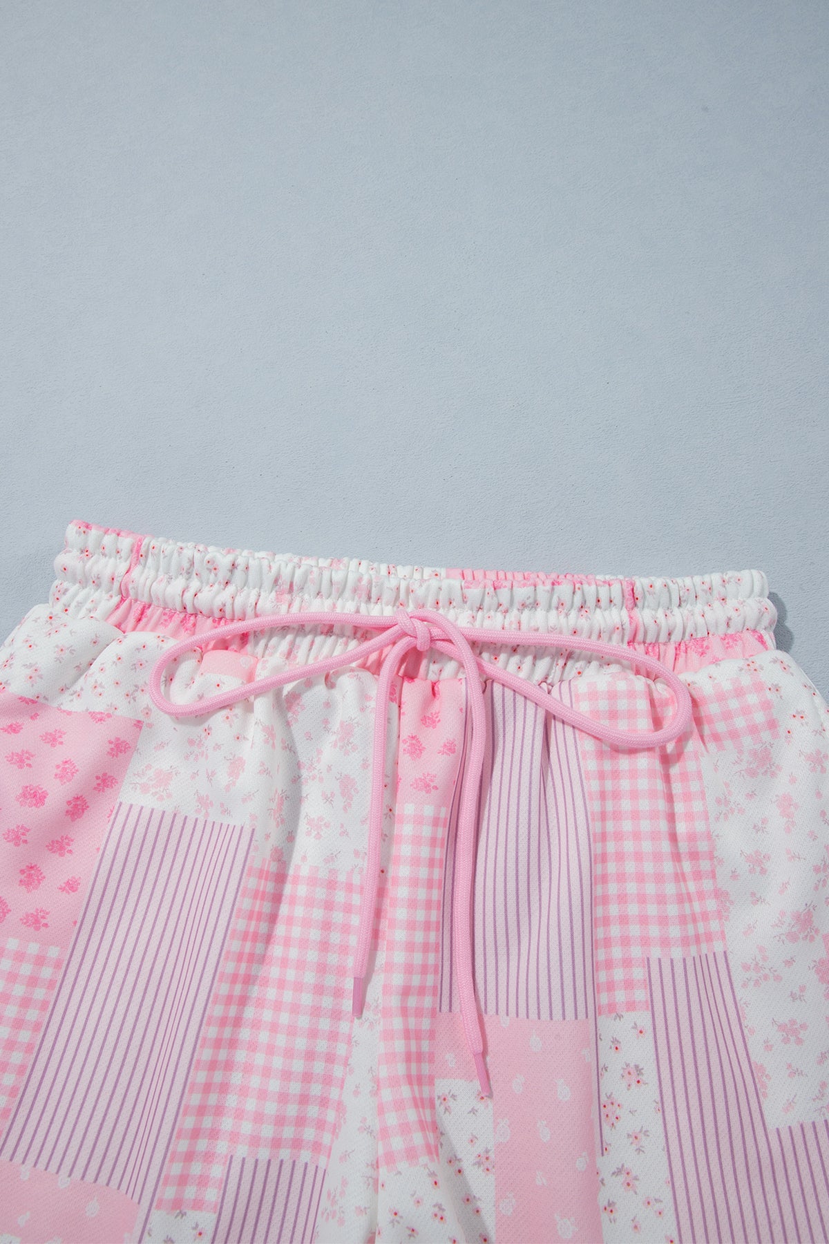 Light Pink Patchwork Floral Print Drop Shoulder Baggy Pullover Drawstring Shorts Set-Two Piece Sets/Short Sets-[Adult]-[Female]-2022 Online Blue Zone Planet