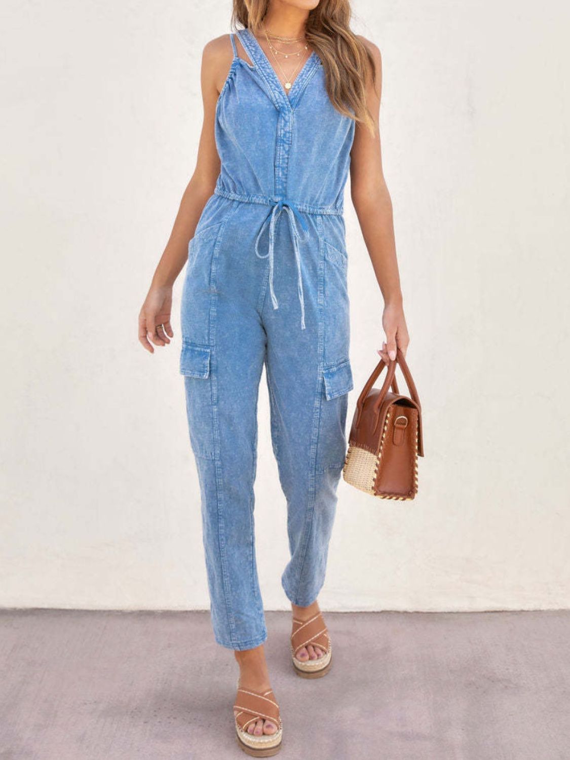 V-Neck Sleeveless Denim Jumpsuit-TOPS / DRESSES-[Adult]-[Female]-2022 Online Blue Zone Planet