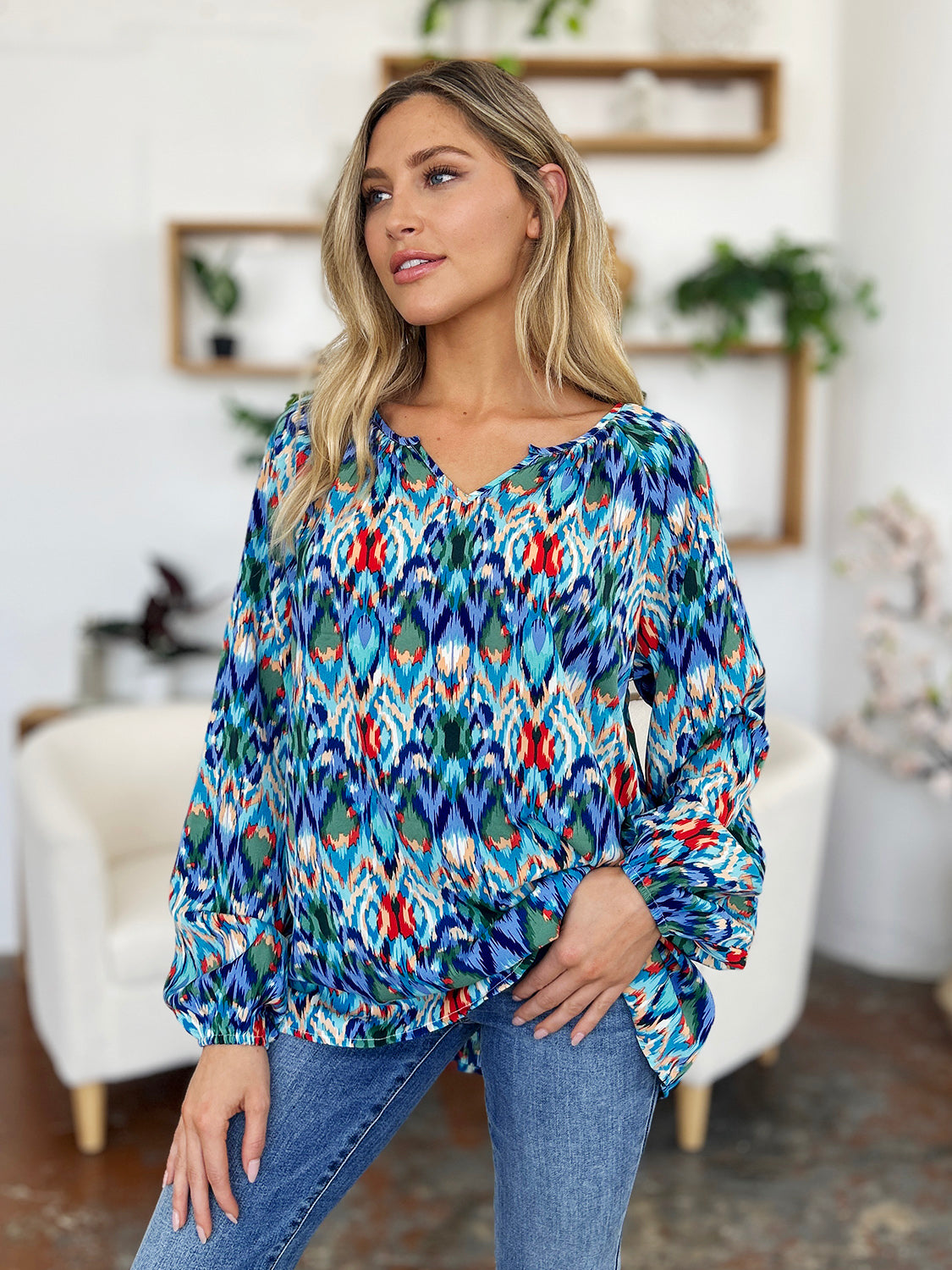 Blue Zone Planet | Double Take Full Size Printed Balloon Sleeve Blouse-TOPS / DRESSES-[Adult]-[Female]-2022 Online Blue Zone Planet