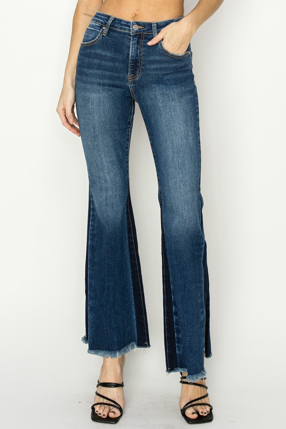 RISEN Full Size High Rise Side Shadow Seam Detail Slit Flare Jeans-BOTTOMS SIZES SMALL MEDIUM LARGE-[Adult]-[Female]-Dark-0(24)-2022 Online Blue Zone Planet