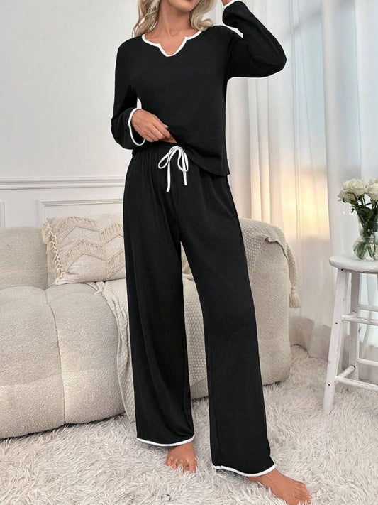 Contrast Trim Notched Long Sleeve Top and Pants Lounge Set-TOPS / DRESSES-[Adult]-[Female]-Black-S-2022 Online Blue Zone Planet