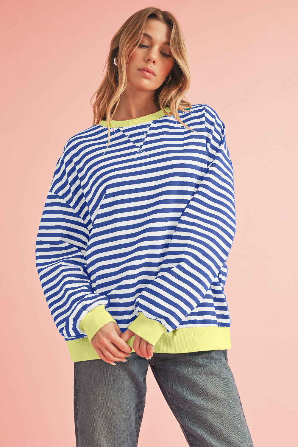 Black Stripe Contrast Edge Cross Seam Oversized Sweatshirt-Sweatshirts & Hoodies-[Adult]-[Female]-Blue Stripe-S-2022 Online Blue Zone Planet