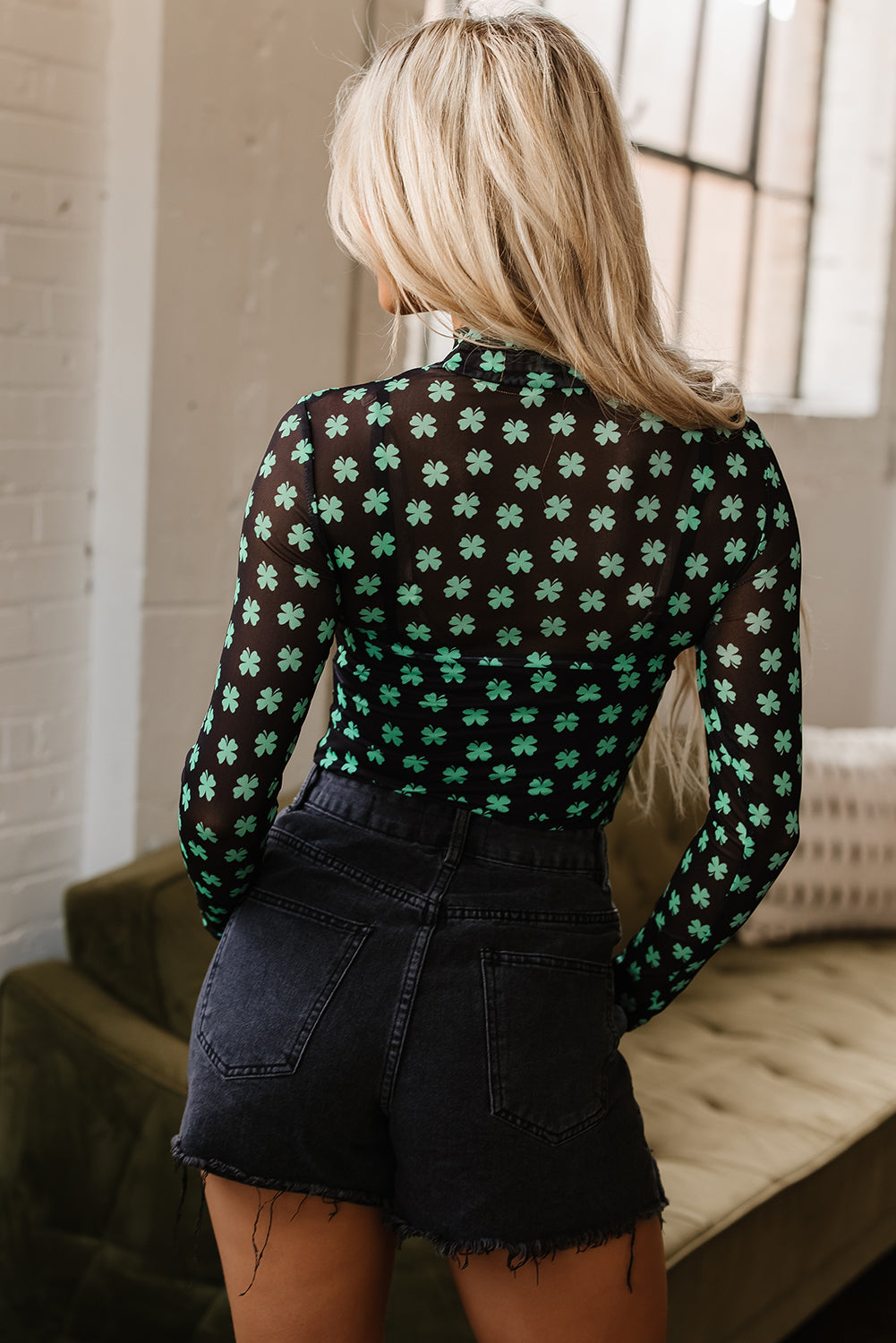 Green St Patrick Shamrock Printed Long Sleeve Mesh Bodysuit-Tops/Bodysuits-[Adult]-[Female]-2022 Online Blue Zone Planet