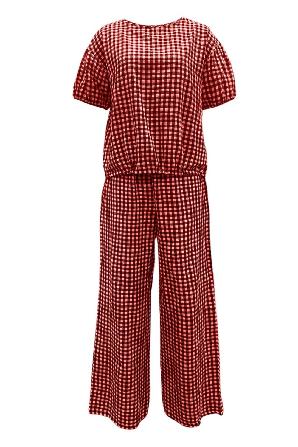 Full Size Plaid Round Neck Half Sleeve Top and Pants Set-TOPS / DRESSES-[Adult]-[Female]-2022 Online Blue Zone Planet