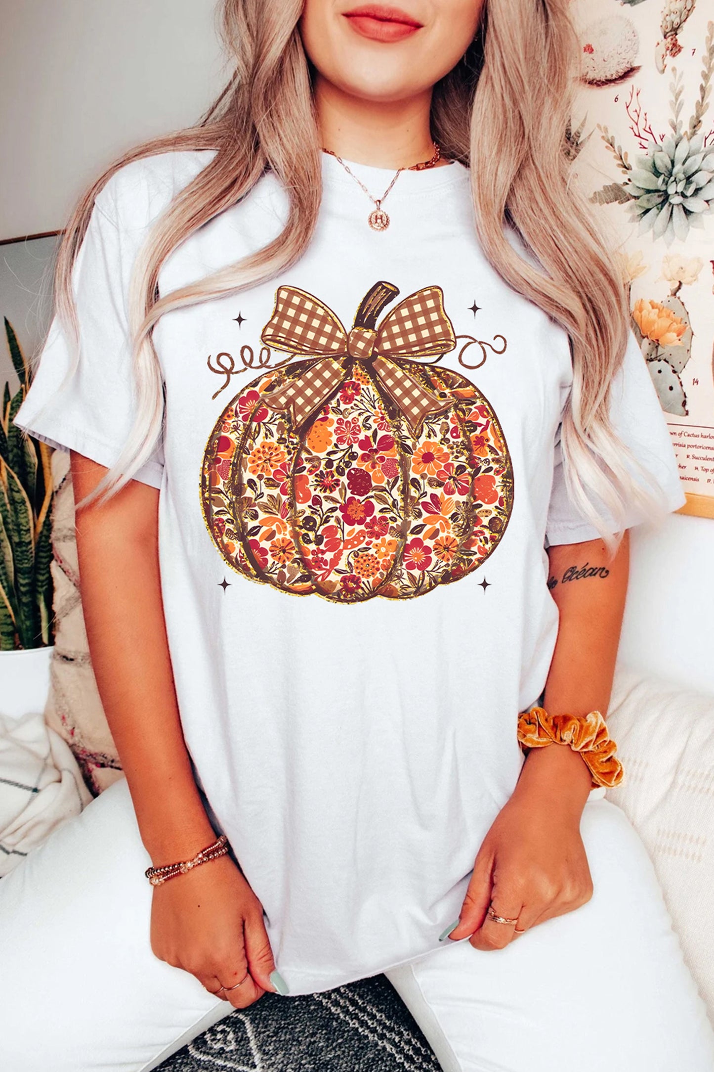 White Floral Pumpkin Print Round Neck Short Sleeve T-Shirt