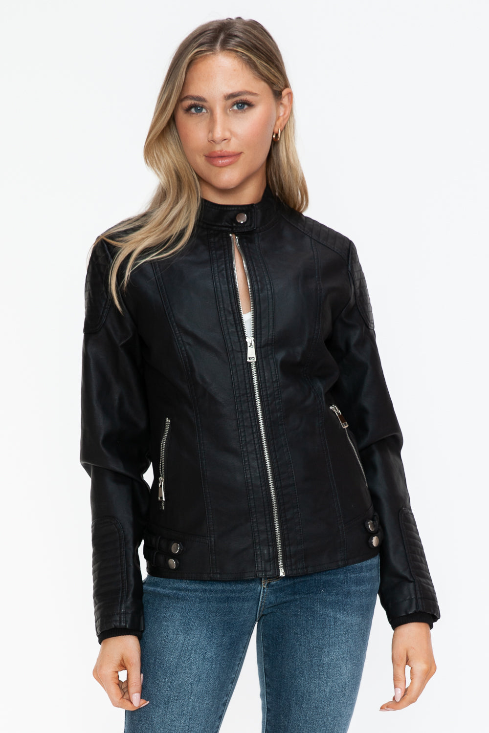 Blue Zone Planet | Snobbish Faux Leather Biker Jacket with Side Zip Pockets-TOPS / DRESSES-[Adult]-[Female]-2022 Online Blue Zone Planet