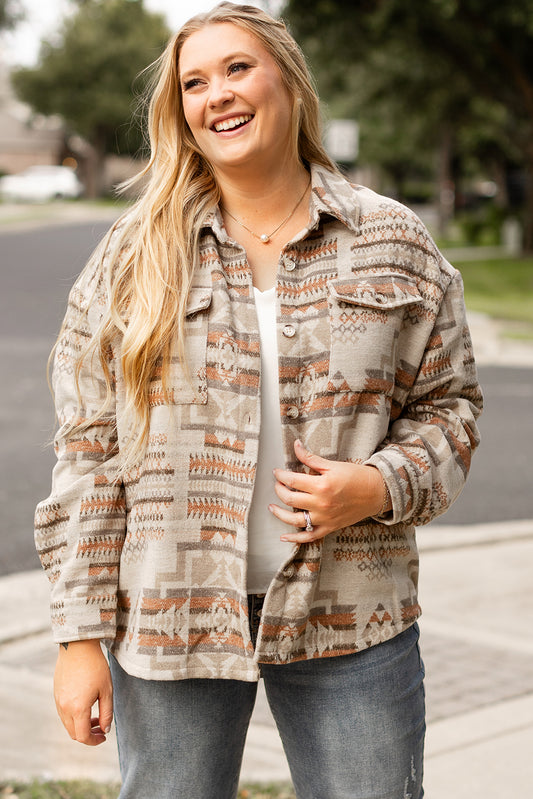 White Aztec Geometric Print Pockets Plus Size Jacket-Plus Size/Plus Size Outerwear-[Adult]-[Female]-White-1X-2022 Online Blue Zone Planet