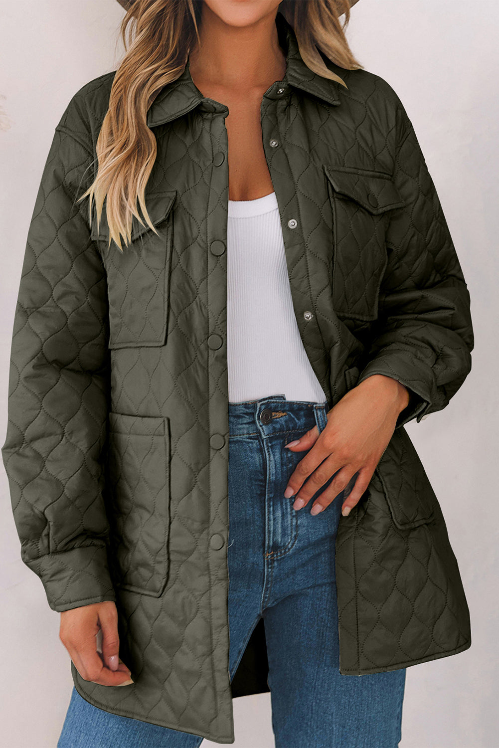 Snap Down Collared Winter Coat-TOPS / DRESSES-[Adult]-[Female]-Army Green-S-2022 Online Blue Zone Planet