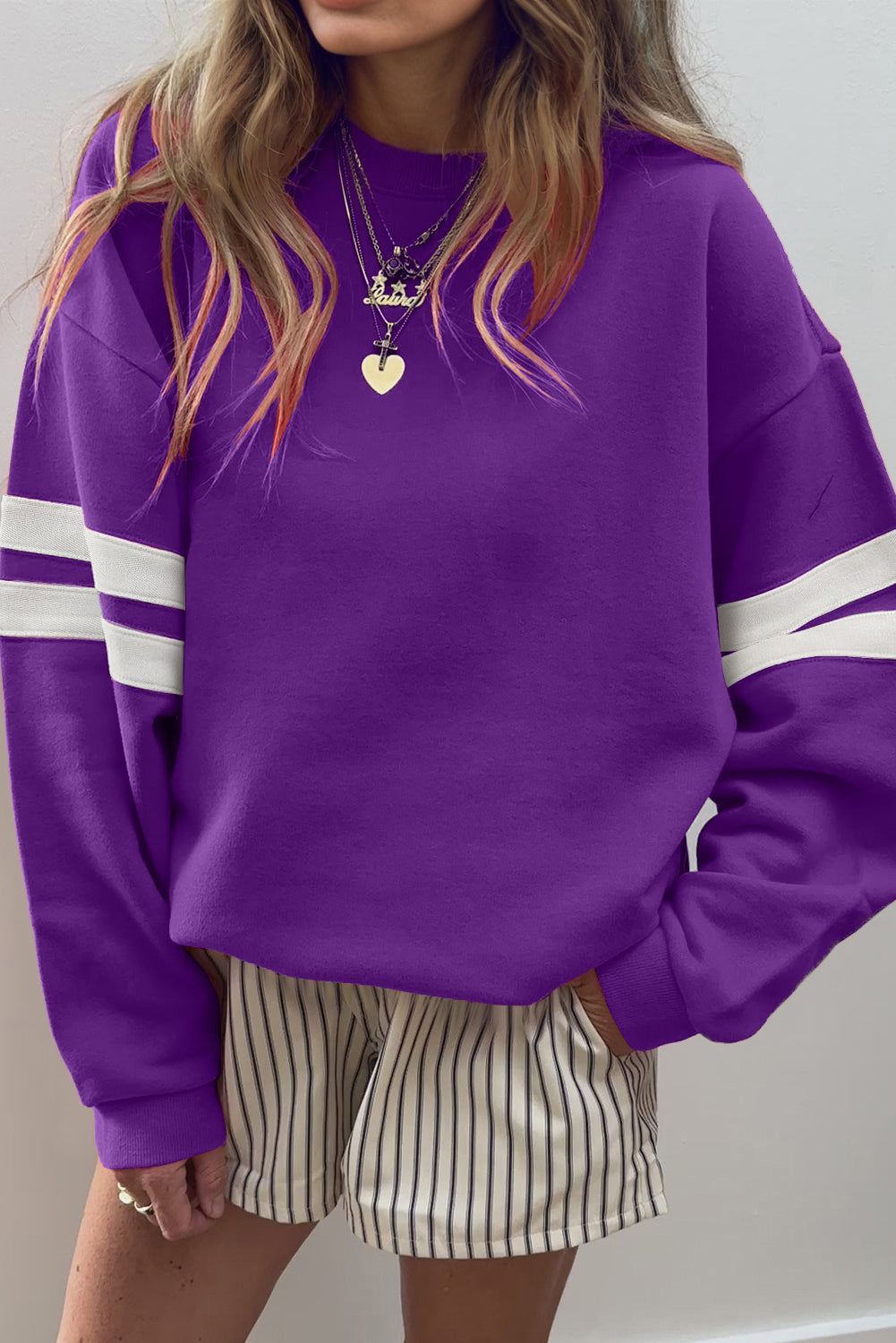 Tillandsia Purple Varsity Striped Detail Drop Shoulder Oversized Sweatshirt-Tops/Sweatshirts & Hoodies-[Adult]-[Female]-Tillandsia Purple-S-2022 Online Blue Zone Planet
