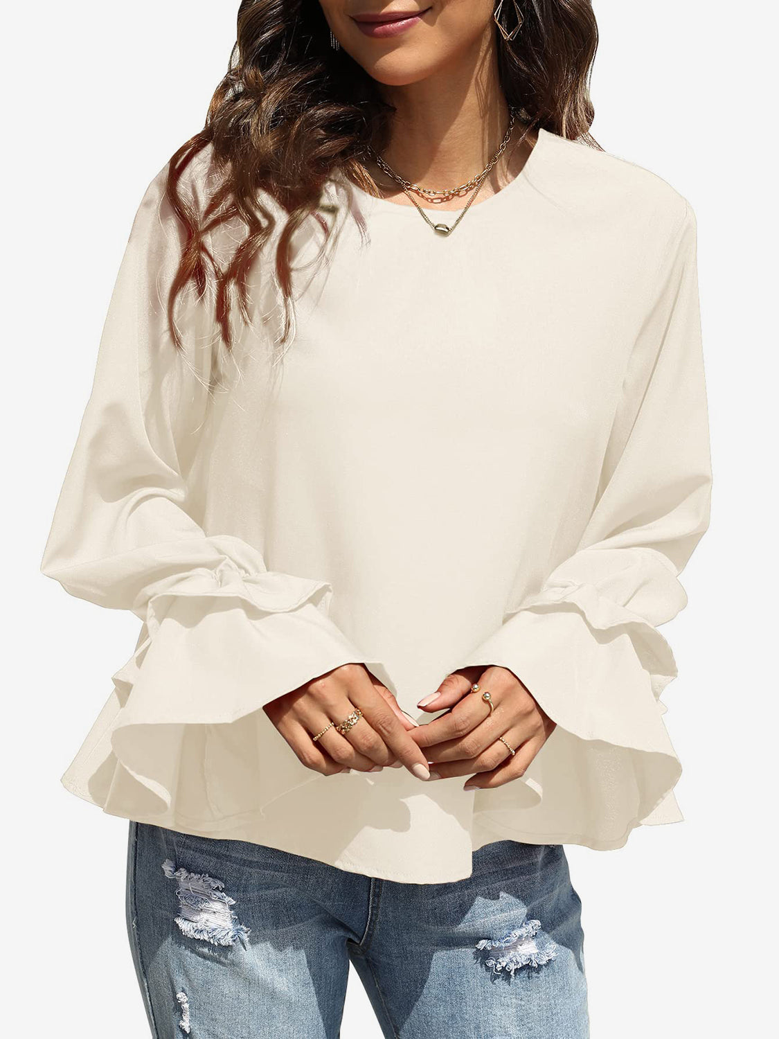 Round Neck Double-Layered Flounce Sleeve Top-TOPS / DRESSES-[Adult]-[Female]-Ivory-S-2022 Online Blue Zone Planet