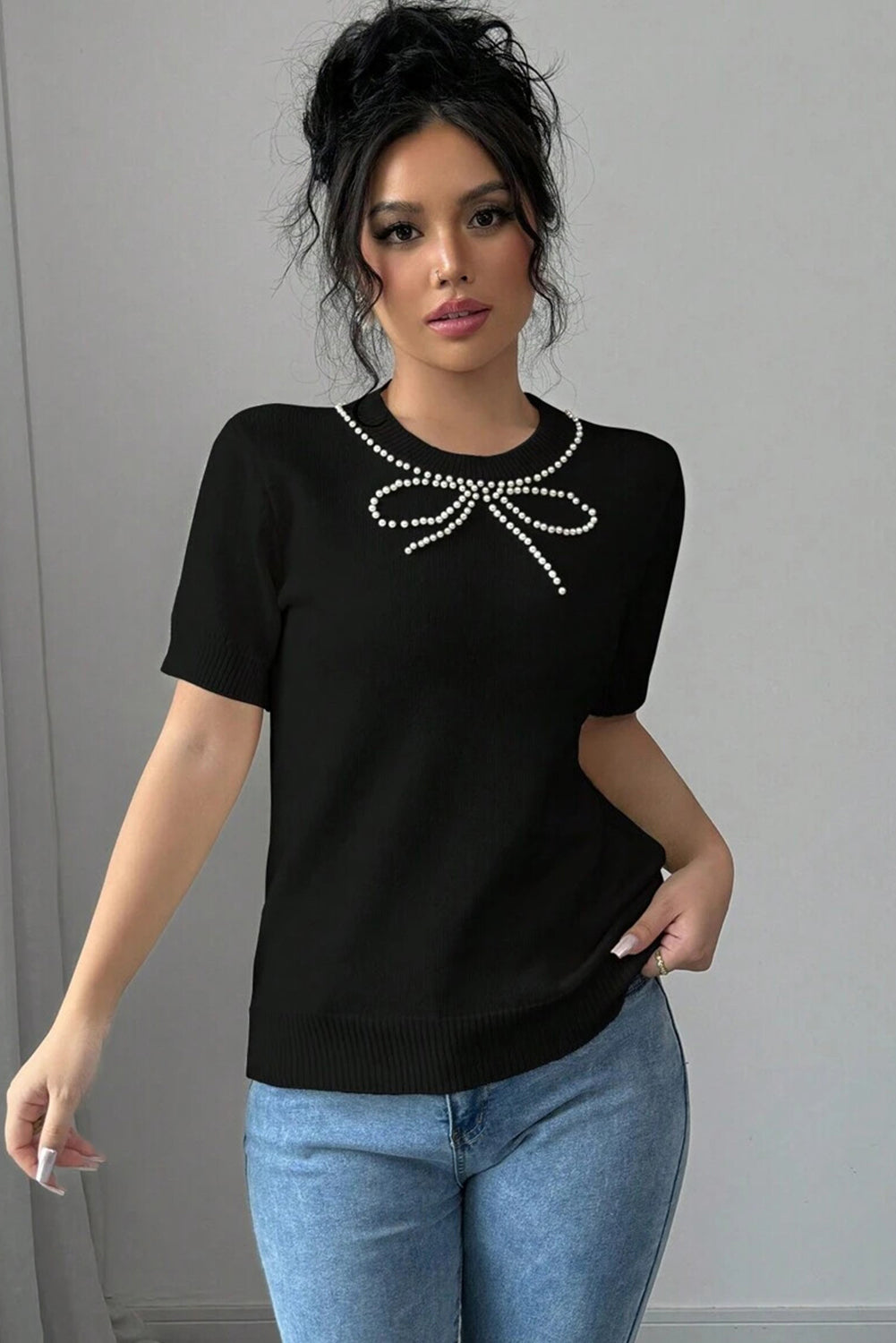 Black Pearl Bow Necklace Embellished Short Sleeve Knitted T Shirt-Sweaters & Cardigans/Short Sleeve Sweaters-[Adult]-[Female]-2022 Online Blue Zone Planet