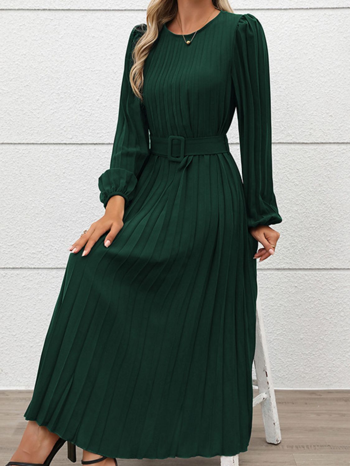 Perfee Pleated Round Neck Long Sleeve Midi Dress-TOPS / DRESSES-[Adult]-[Female]-2022 Online Blue Zone Planet