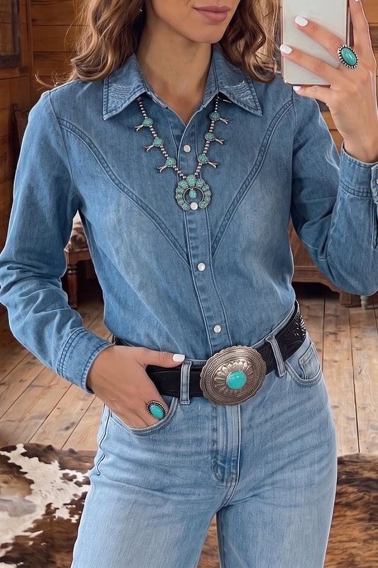 Myosotis Embroidered Western Detail Long Sleeve Collar Shirt-Tops/Blouses & Shirts-[Adult]-[Female]-Myosotis-S-2022 Online Blue Zone Planet
