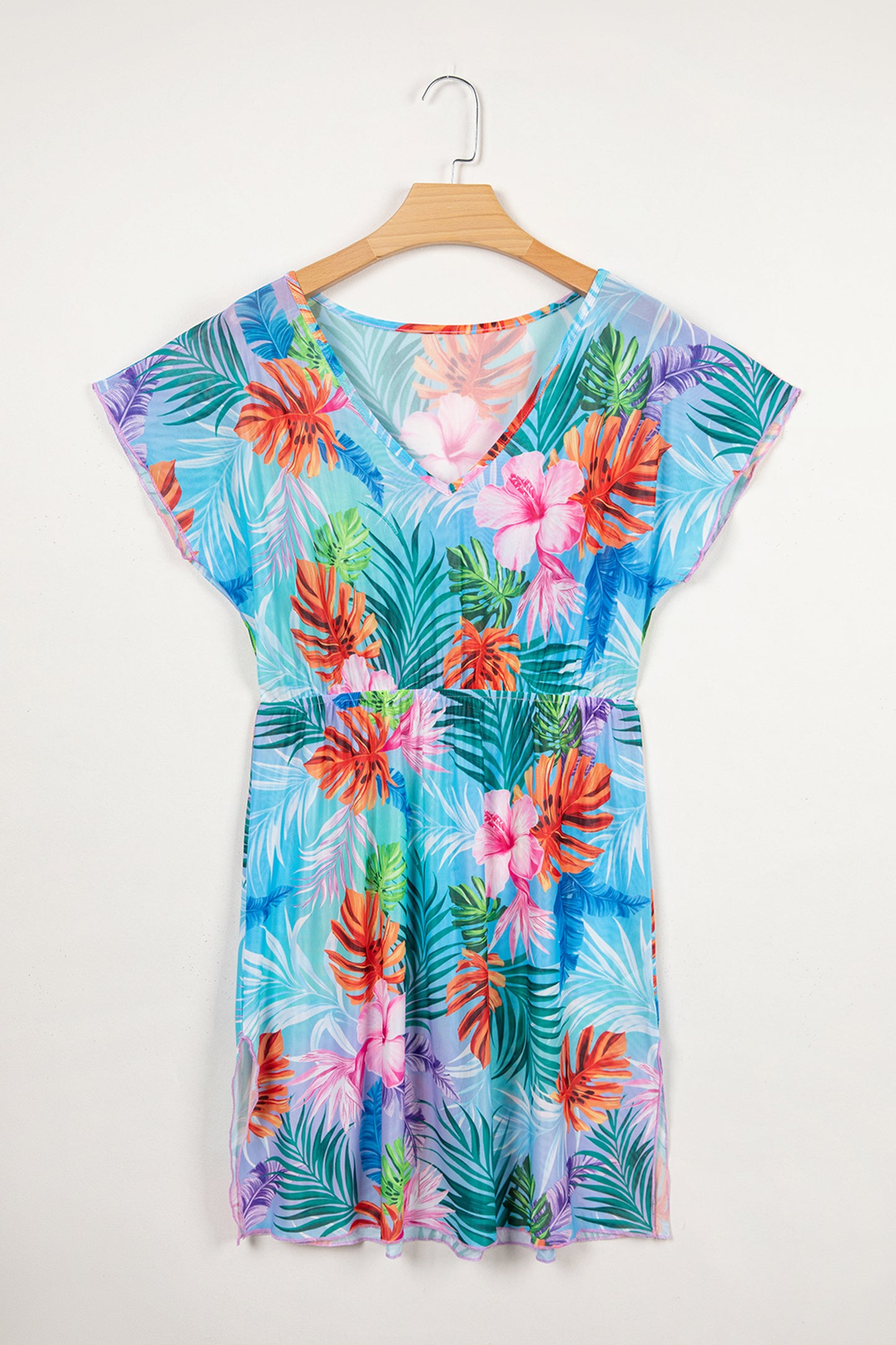 Sky Blue Tropical Print V Neck Semi Sheer Beach Cover Up Dress-TOPS / DRESSES-[Adult]-[Female]-2022 Online Blue Zone Planet