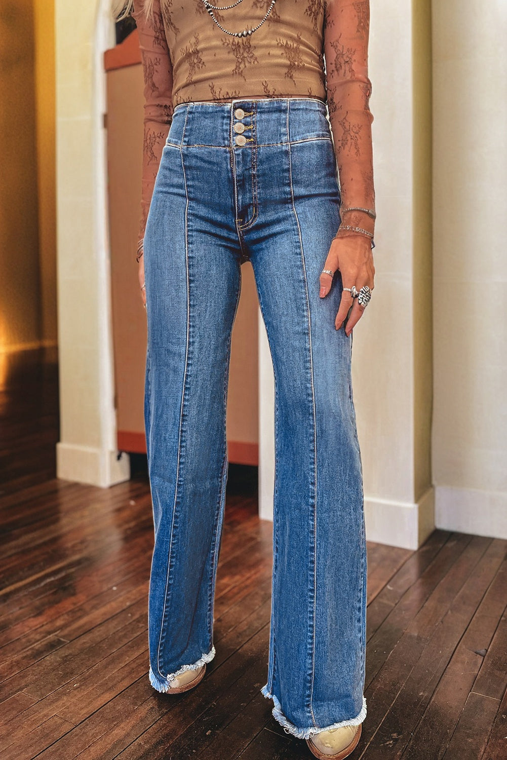Blue Zone Planet | Sail Blue High Waist Button Fly Seamed Raw Hem Flare Jeans-Bottoms/Jeans-[Adult]-[Female]-2022 Online Blue Zone Planet